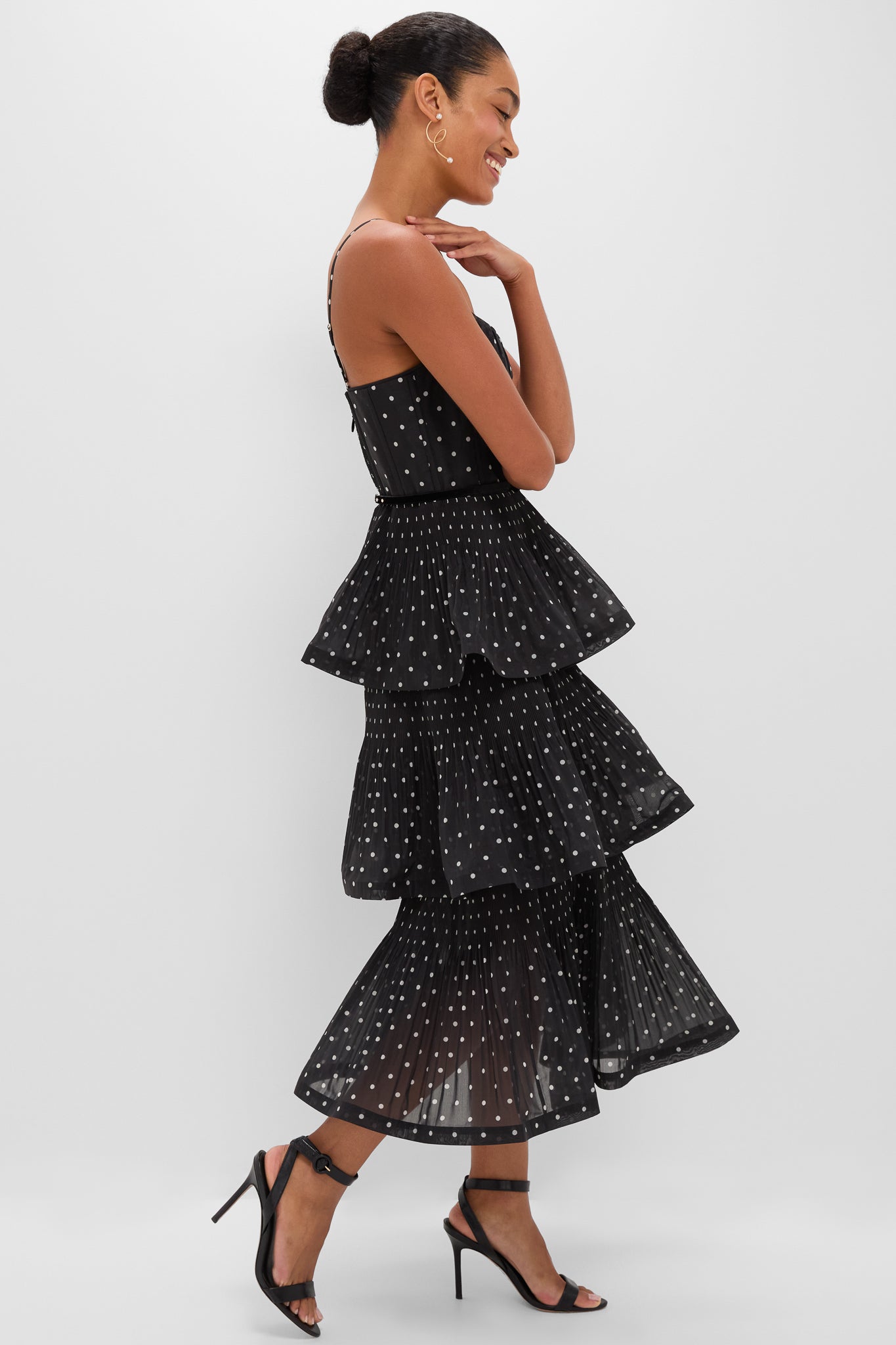 Black and Cream Polka Dot Pleated Tiered Midi Dress-Get Girly