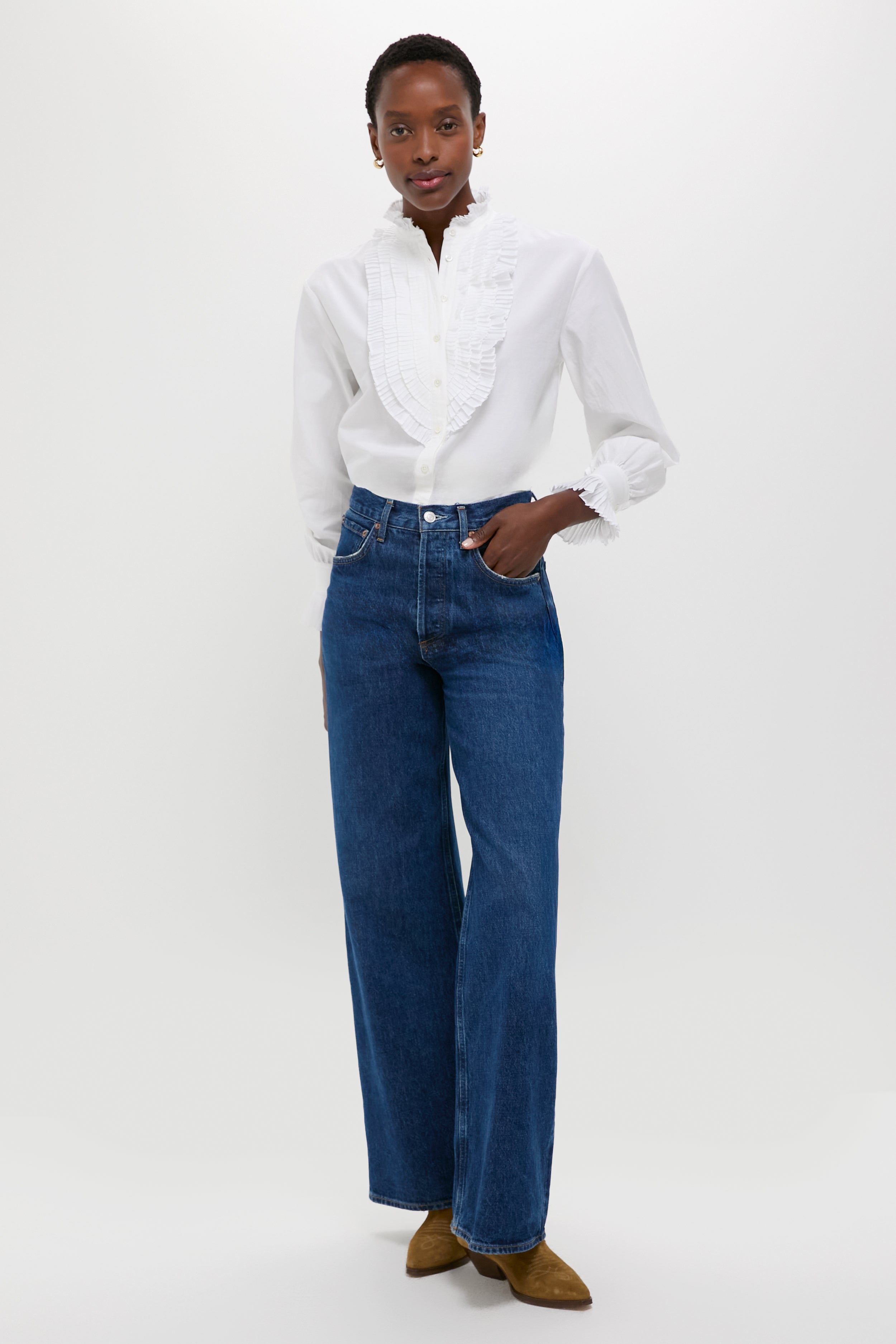 White Long Sleeve Band Collar Blouse-Get Girly