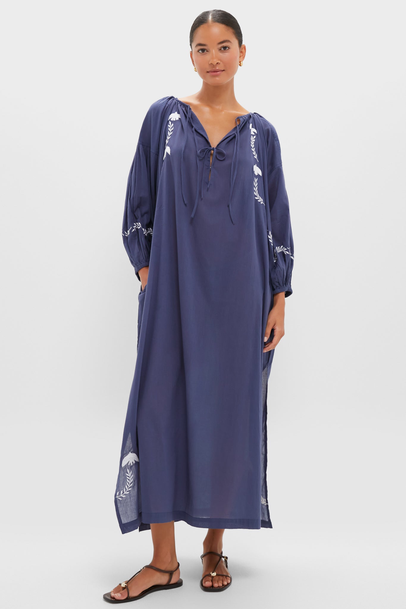 White Dove Embroidery Blue Indigo Organic Folk Maxi Dress-Get Girly