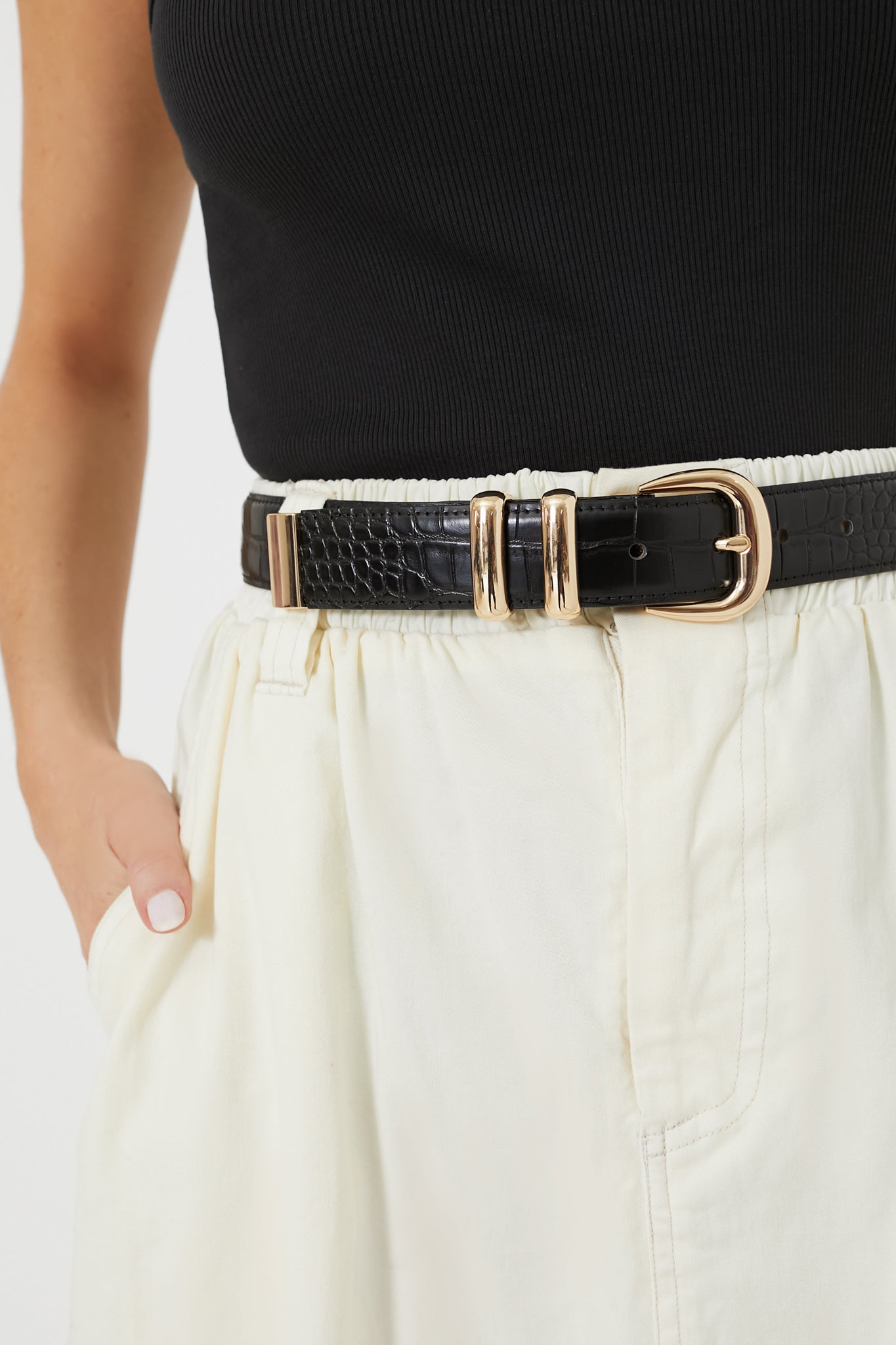Black Croc-Embossed Classic Belt-Get Girly