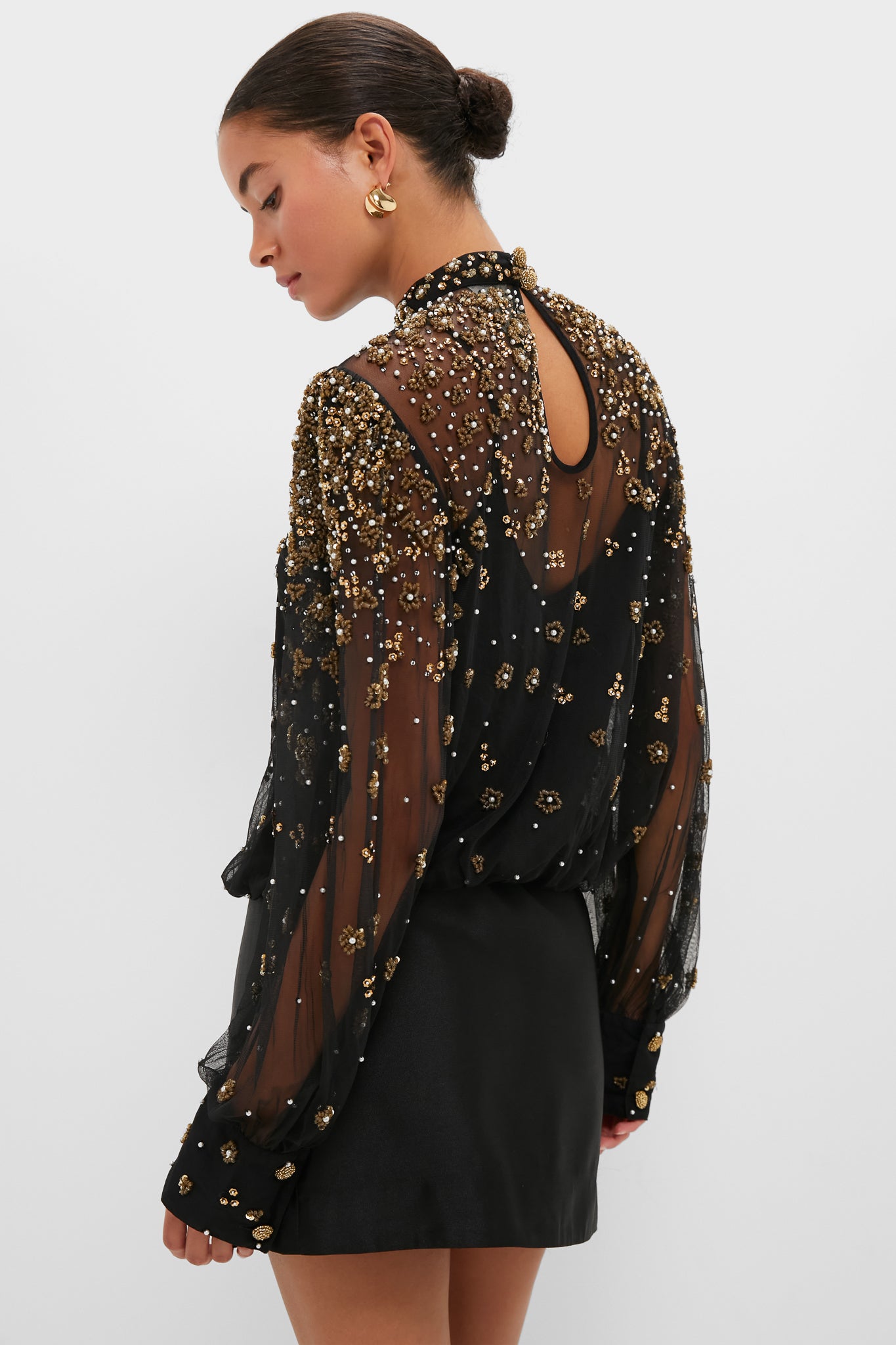 Black Embroidered Bubble Tulle Blouse-Get Girly