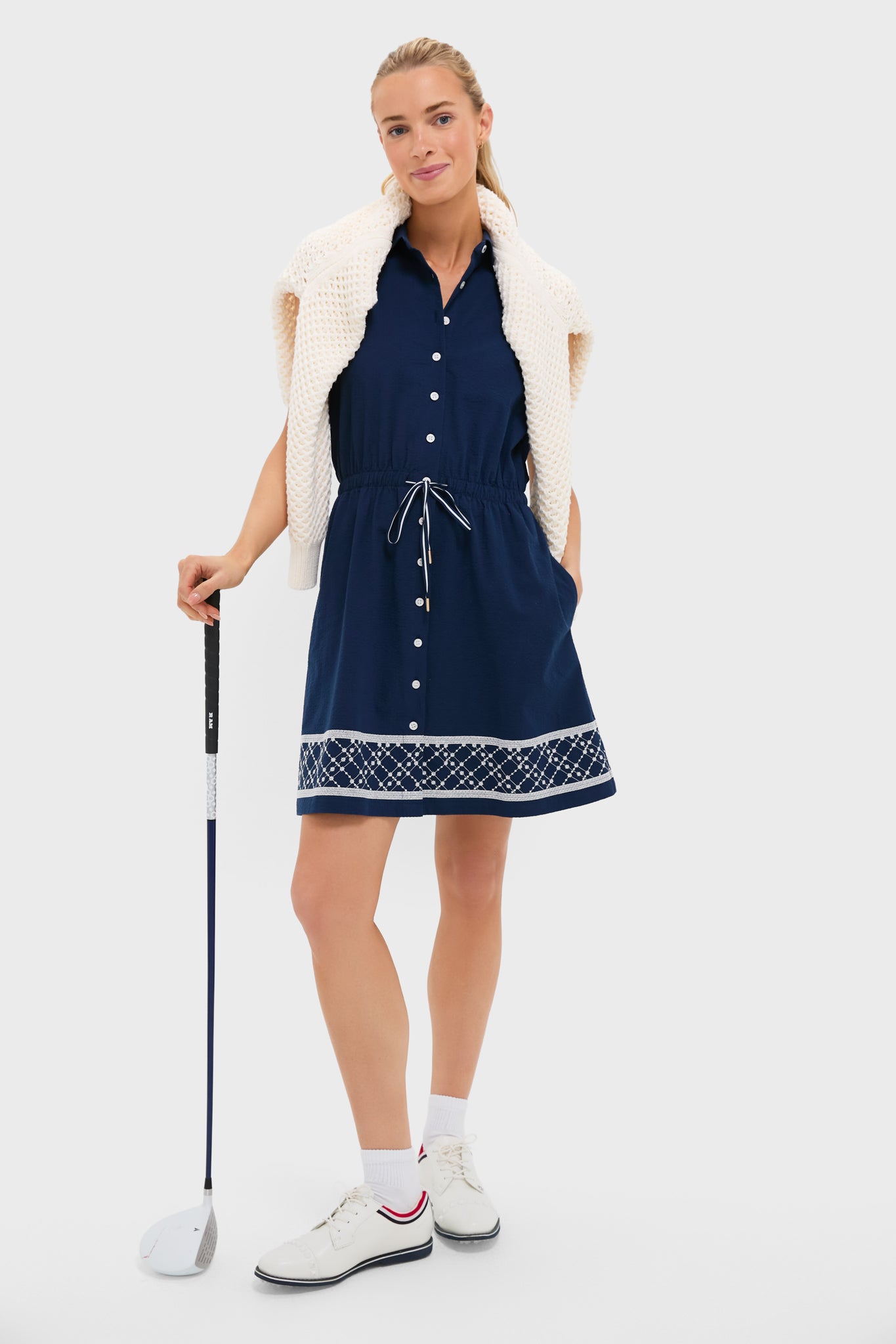 Navy and White Embroidered Sleeveless Performance Seersucker Alcott Golf Dress-Get Girly