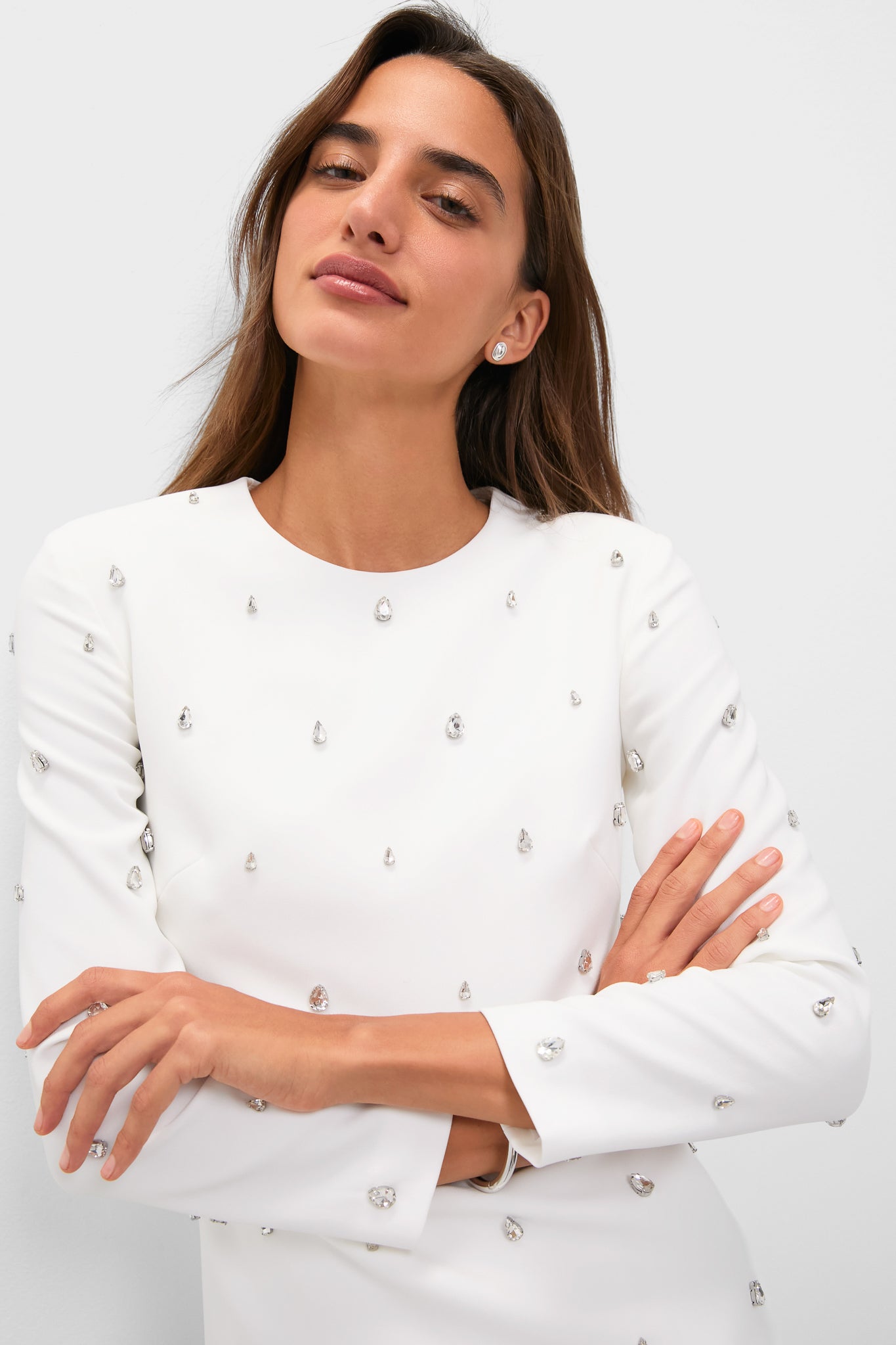 White with Crystal Kenna Long Sleeve Mini Dress-Get Girly