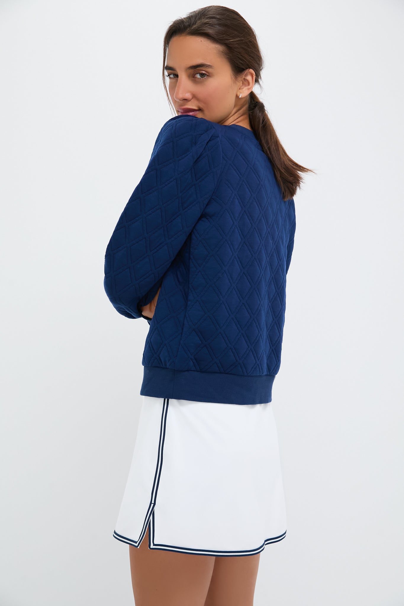Navy Puff Sleeve Quilted Stretch Campbell Pullover-Get Girly