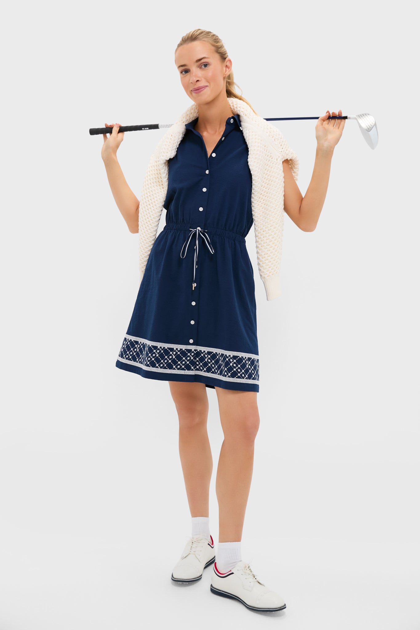 Navy and White Embroidered Sleeveless Performance Seersucker Alcott Golf Dress-Get Girly