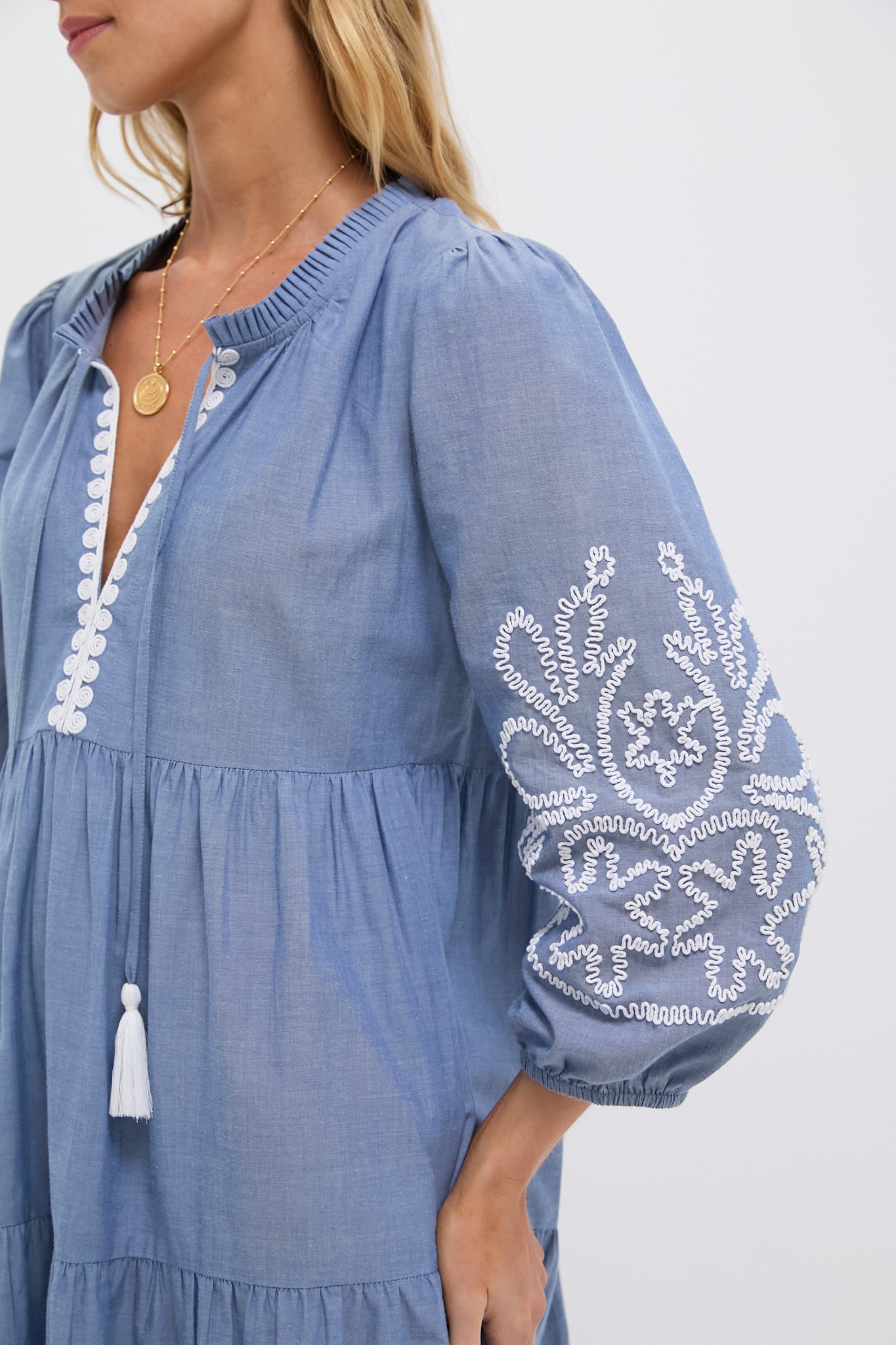 Embroidered Chambray Long Sleeve Salty Paloma Caftan-Get Girly