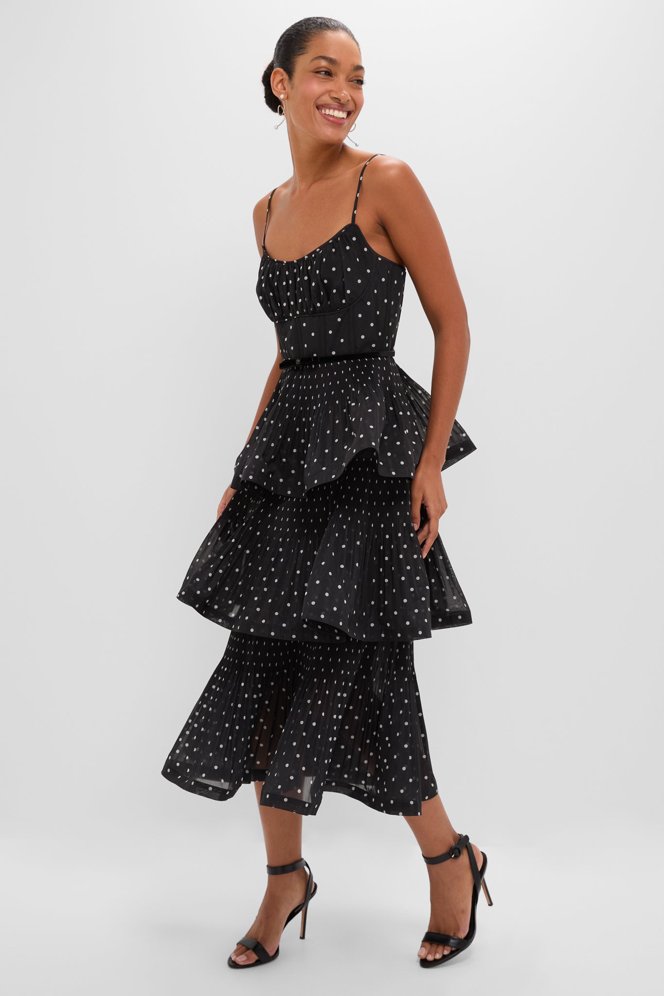 Black and Cream Polka Dot Pleated Tiered Midi Dress-Get Girly