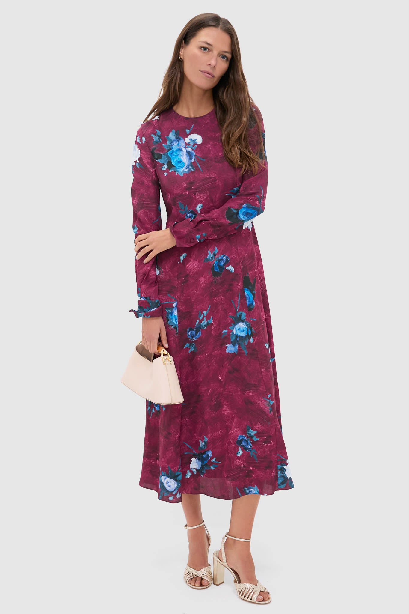 Abstract Rose Milberry Red Long Sleeve Midi Dress-Get Girly