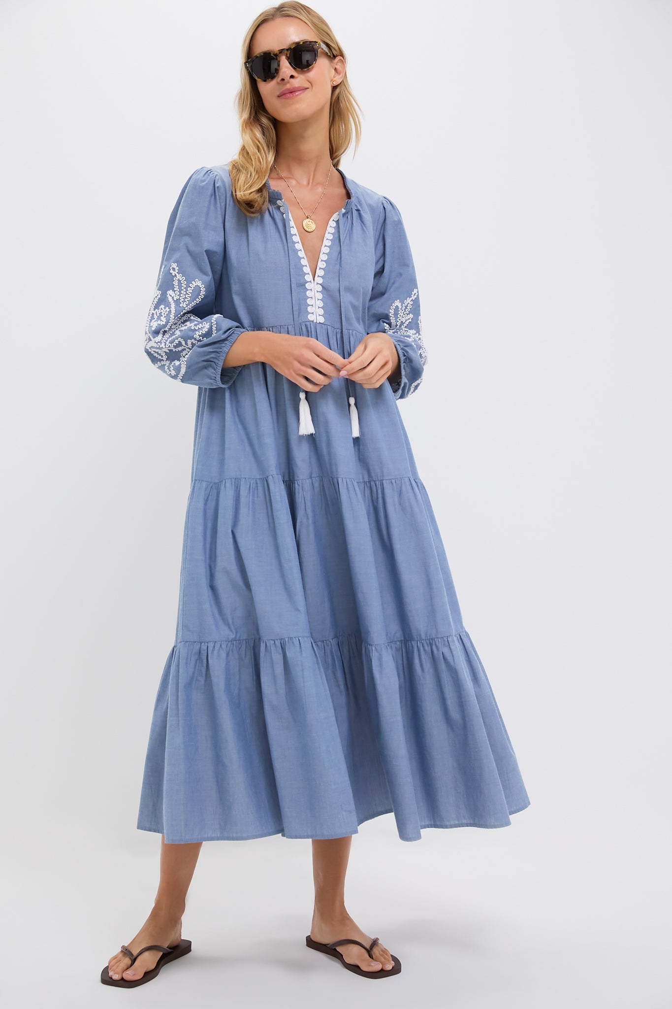 Embroidered Chambray Long Sleeve Salty Paloma Caftan-Get Girly