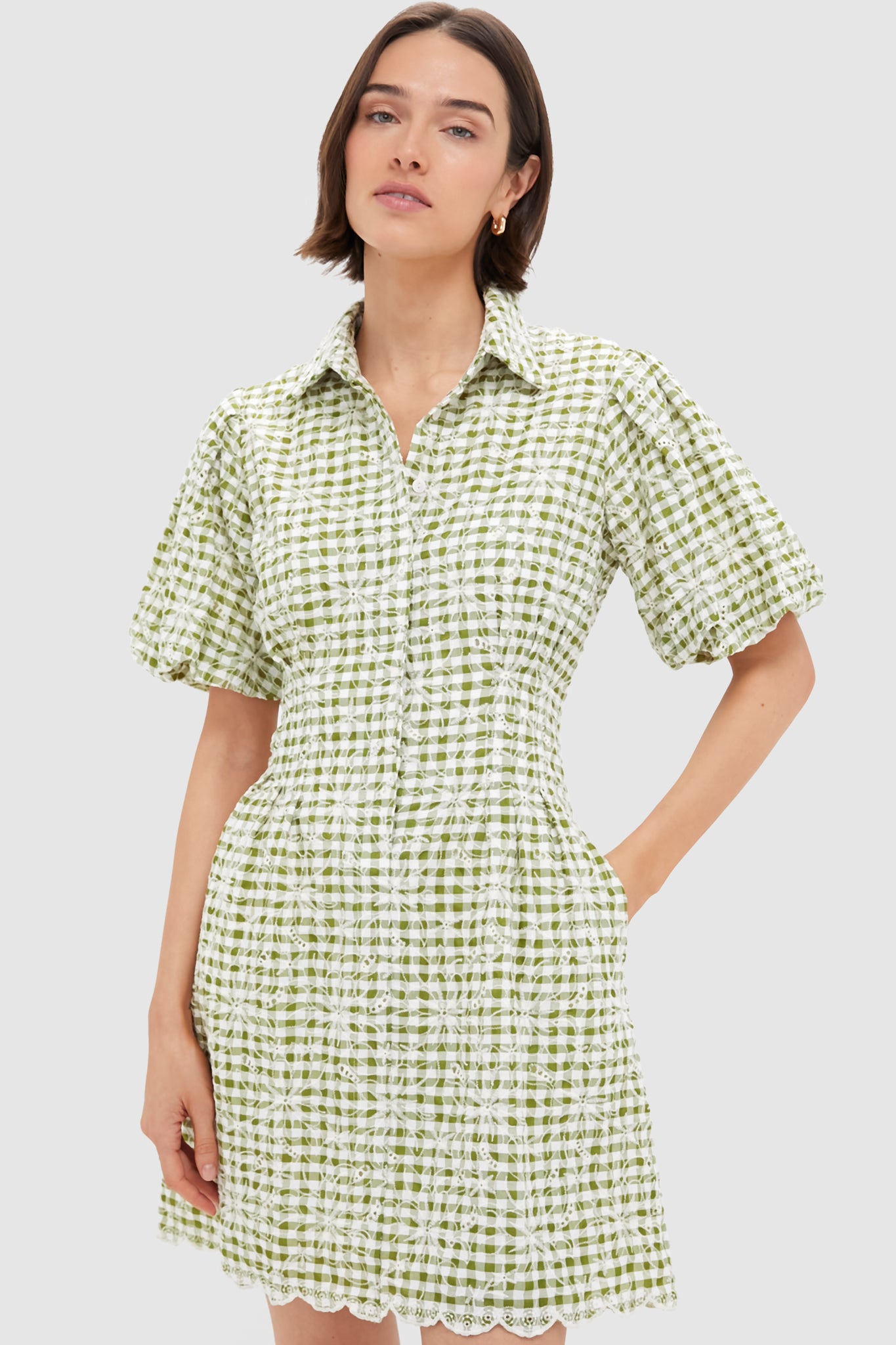 Embroidered Floral Green Gingham Mini Delaney Dress-Get Girly