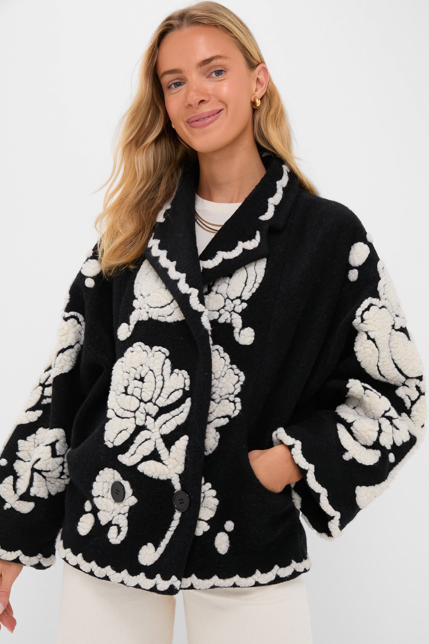 Black Cream Floral Arabesque Fleece Coat-Get Girly