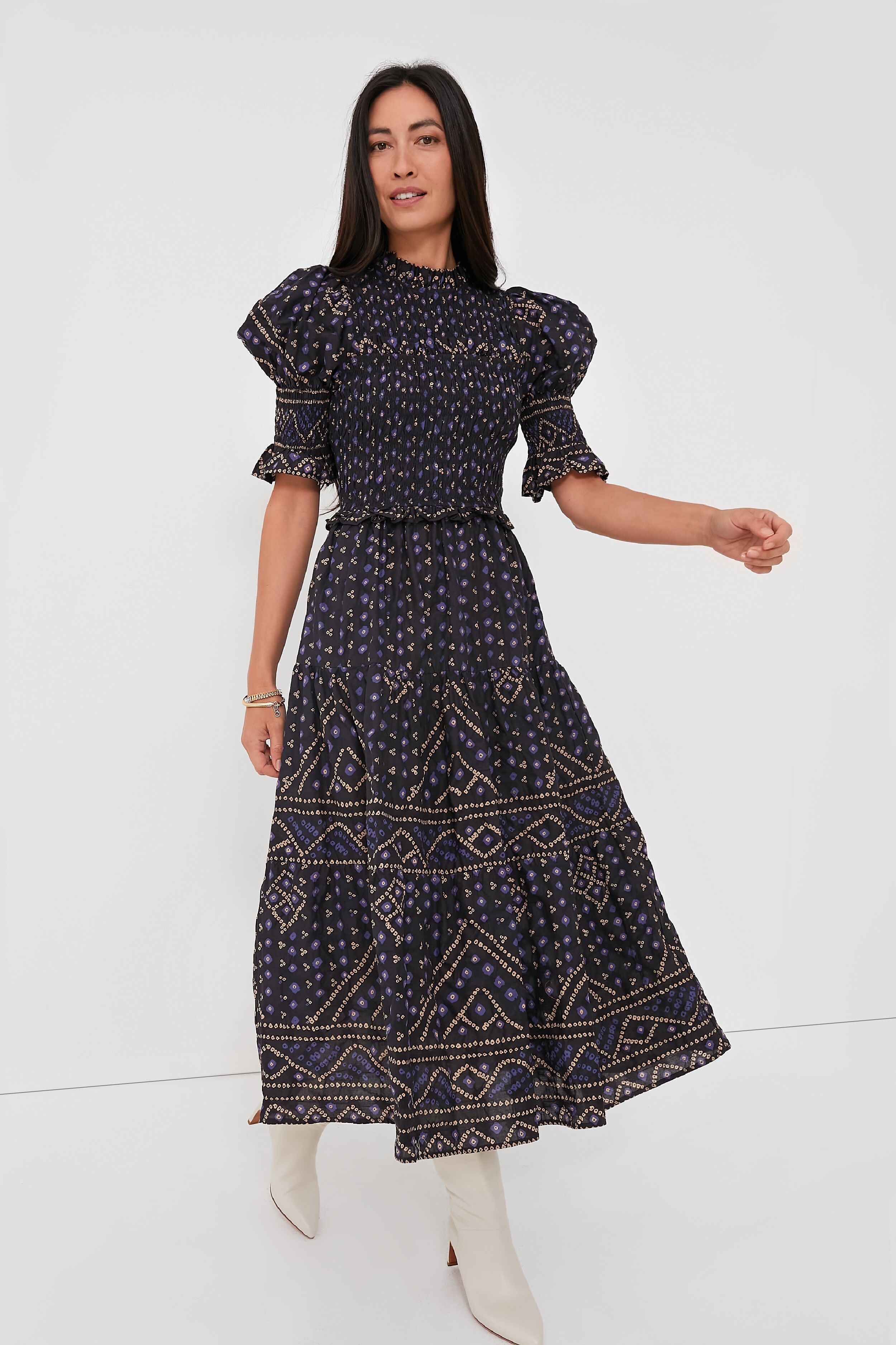 Blue Delphine Pucker Cotton Puff Sleeve Smocked Dress-Get Girly