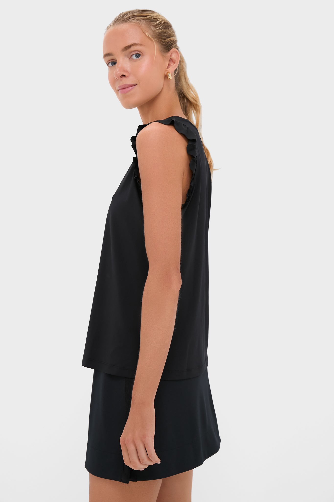Black Ruffle Performance Jersey Lea Tank-Get Girly