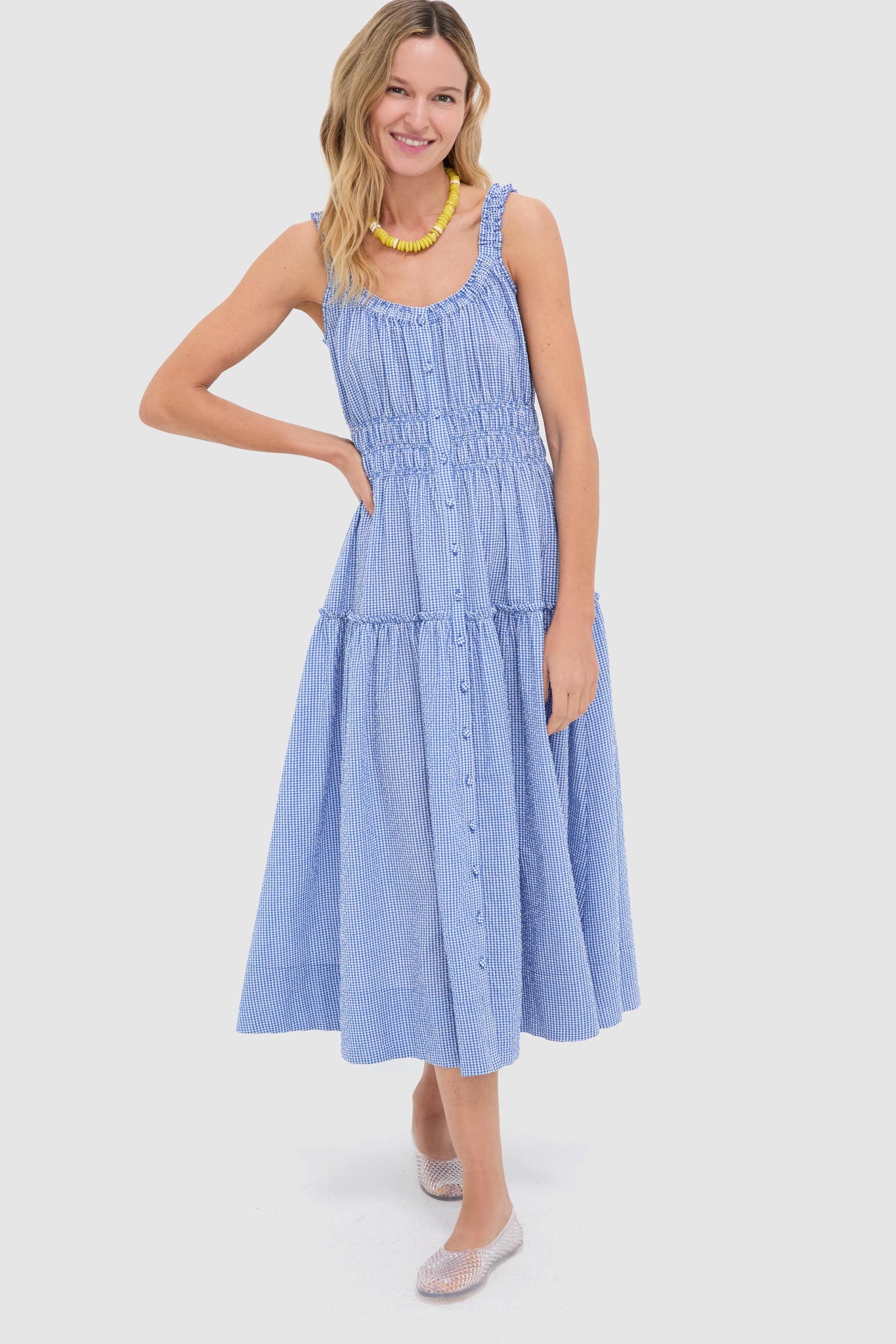 Blue and White Gingham Seersucker Landis Midi Dress-Get Girly