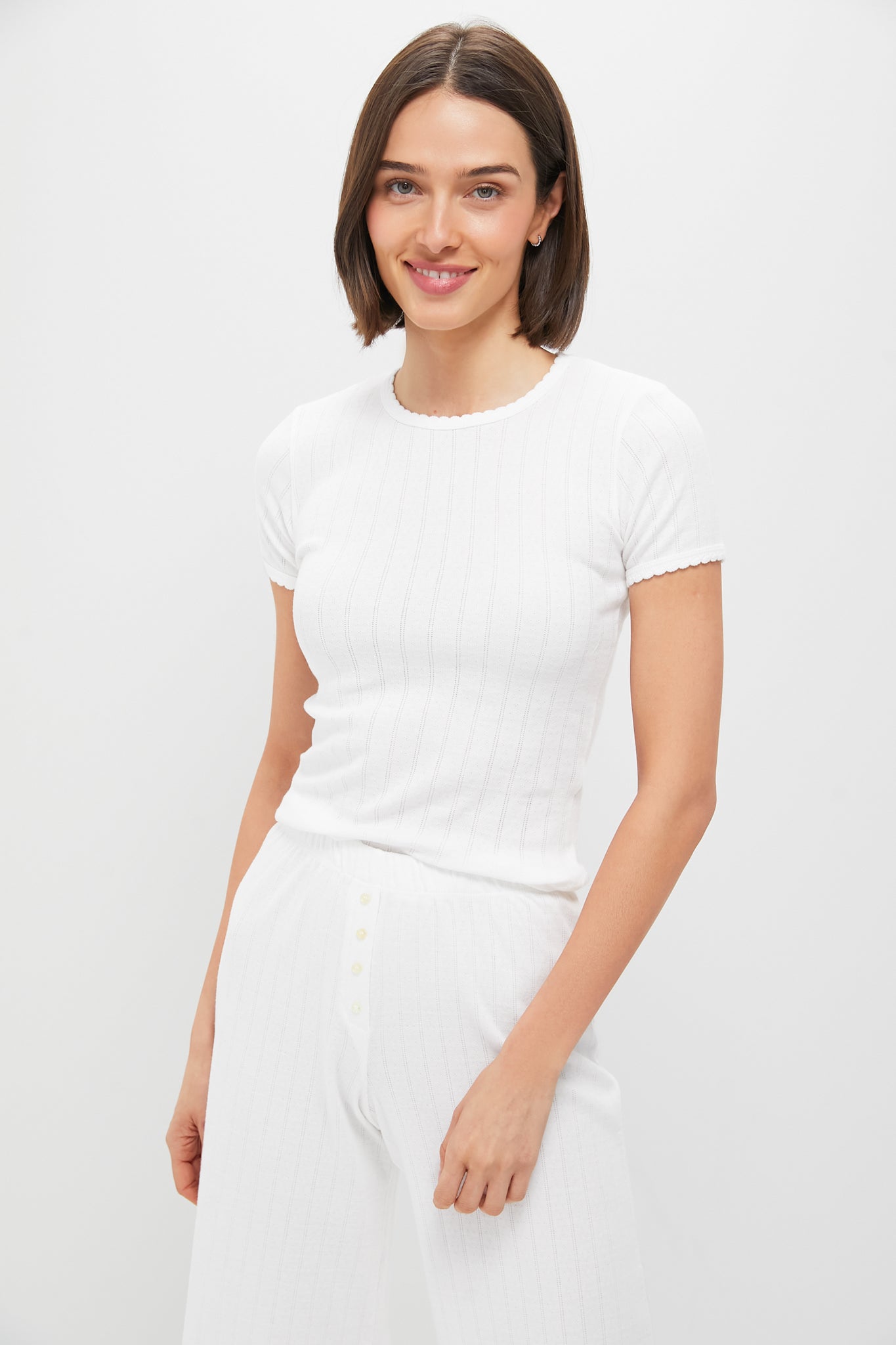 White Pointelle Slim Fit Tee-Get Girly