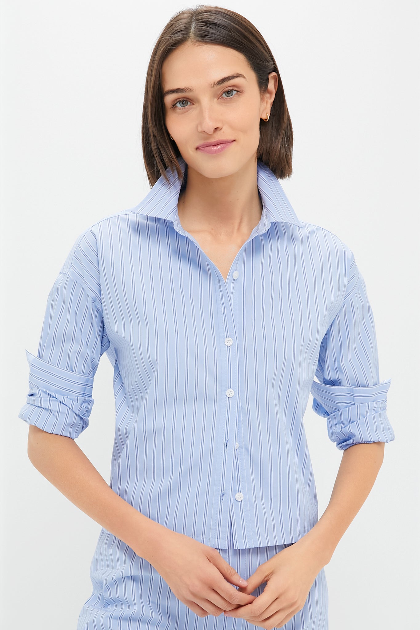 Blue and White Stripe Cropped Jasper Button Down-Get Girly