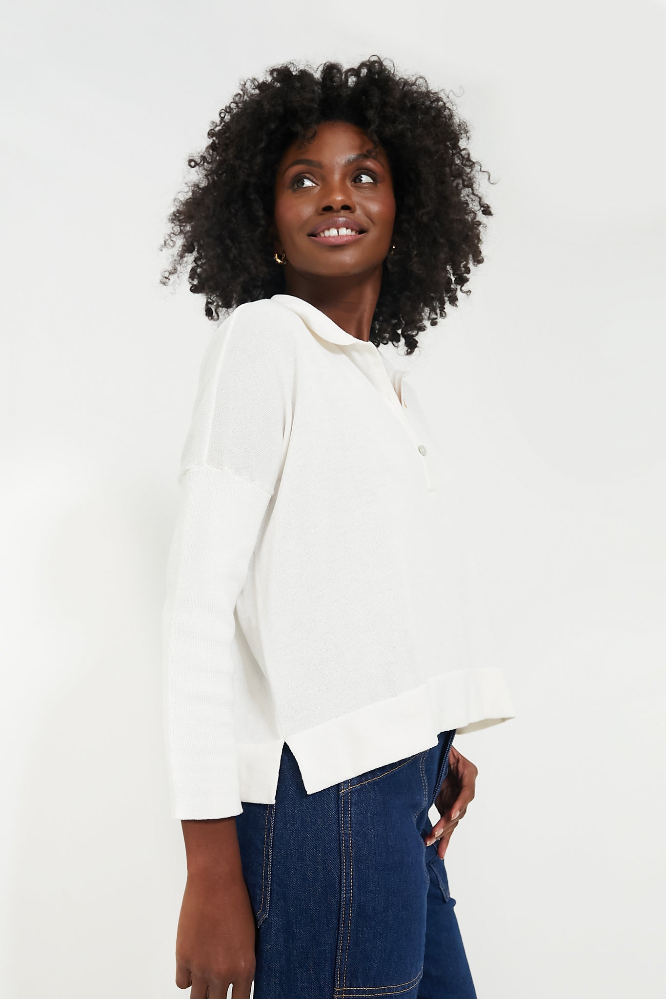 White Clayton Long Sleeve Knit Polo-Get Girly