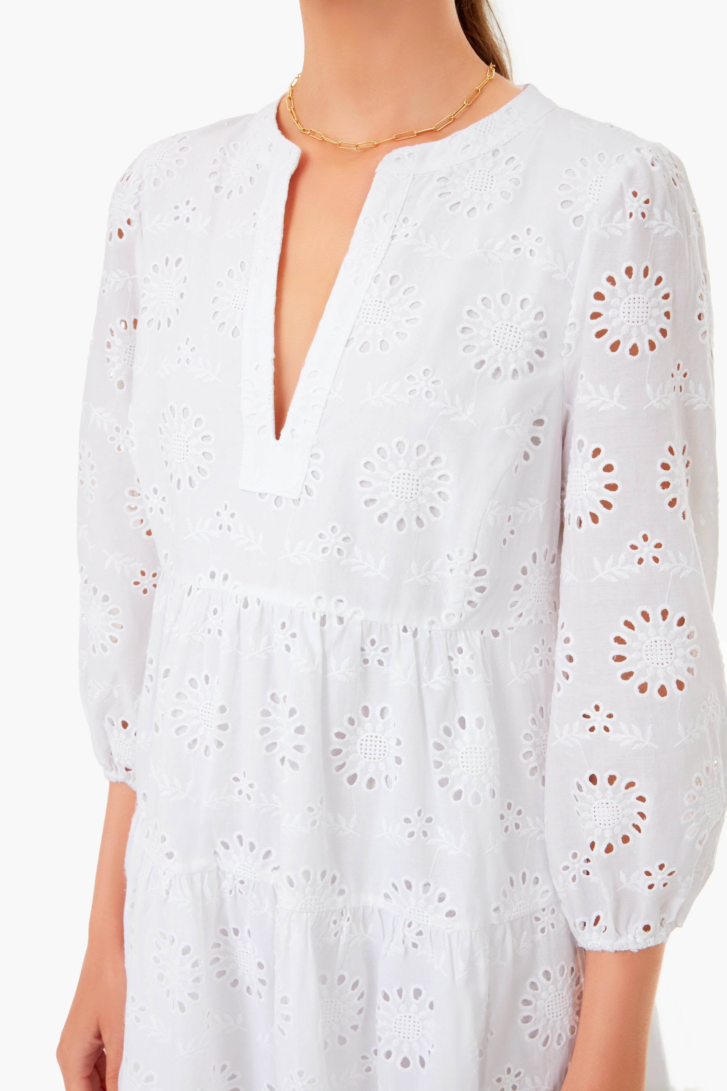 White Eyelet Long Sleeve Tunic Dress-Get Girly