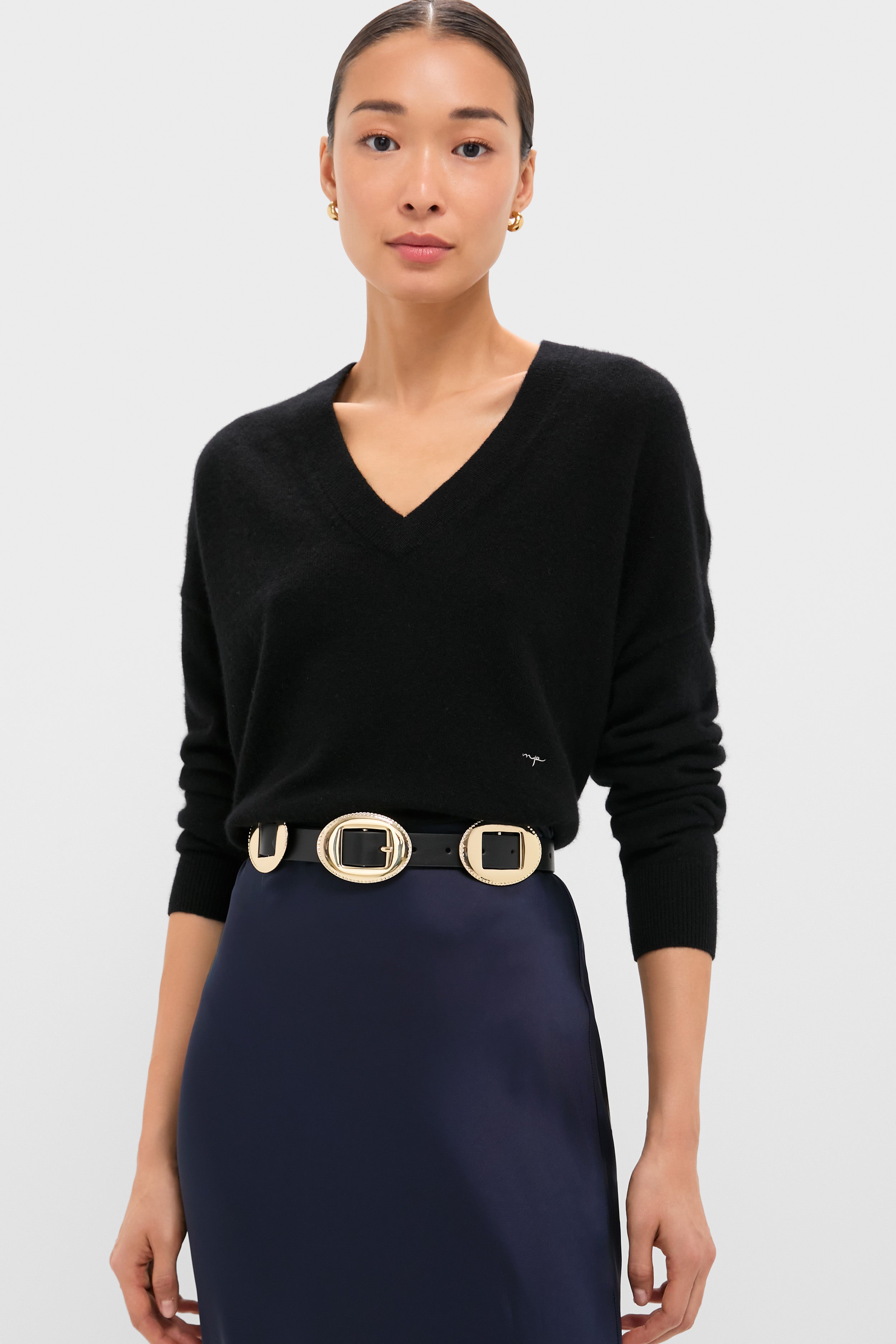 Black Emma Cashmere Boyfriend V-Neck Sweater-Get Girly