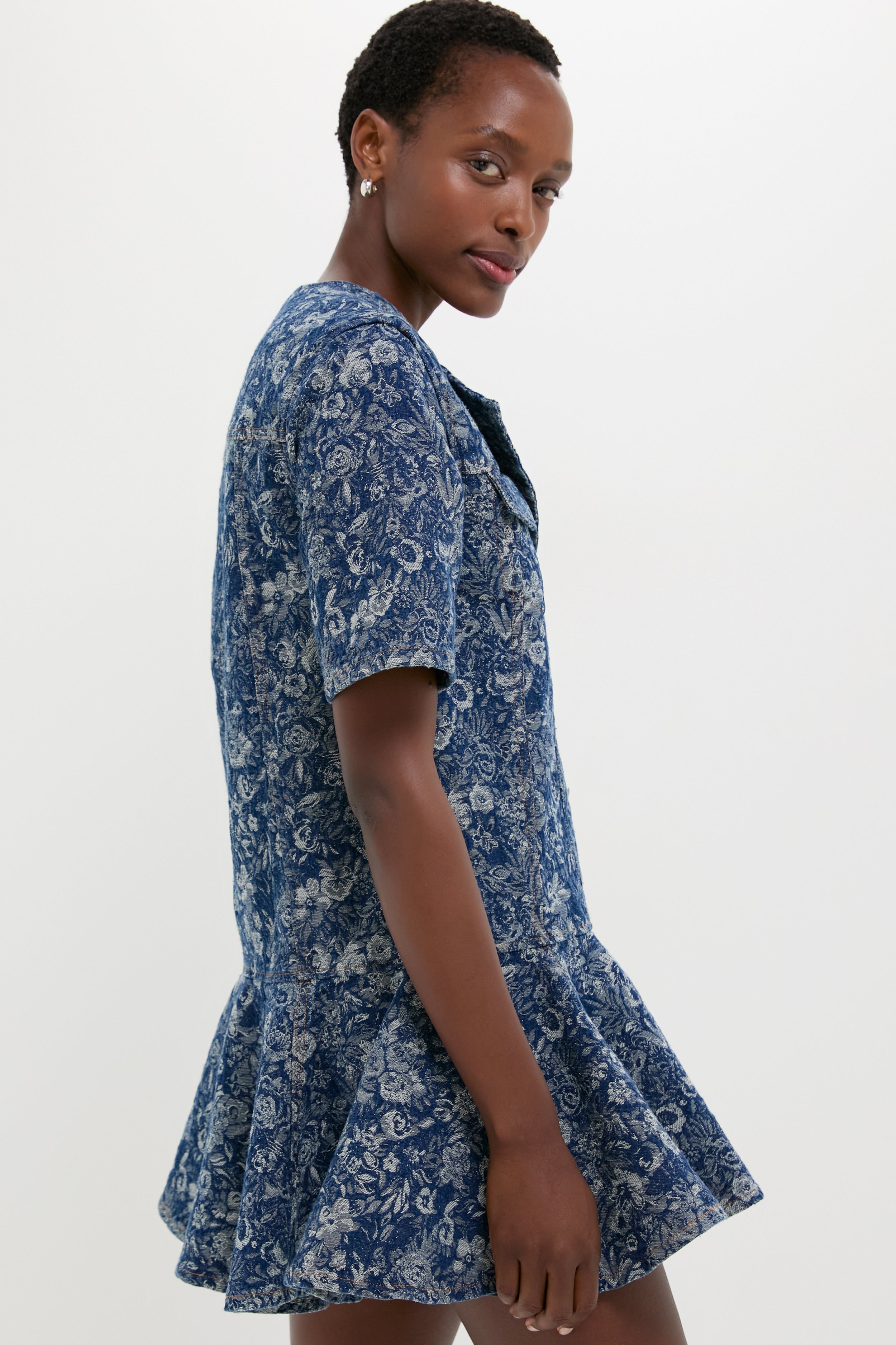 Mid Blue Stone Tapestry Denim Mini Dress-Get Girly