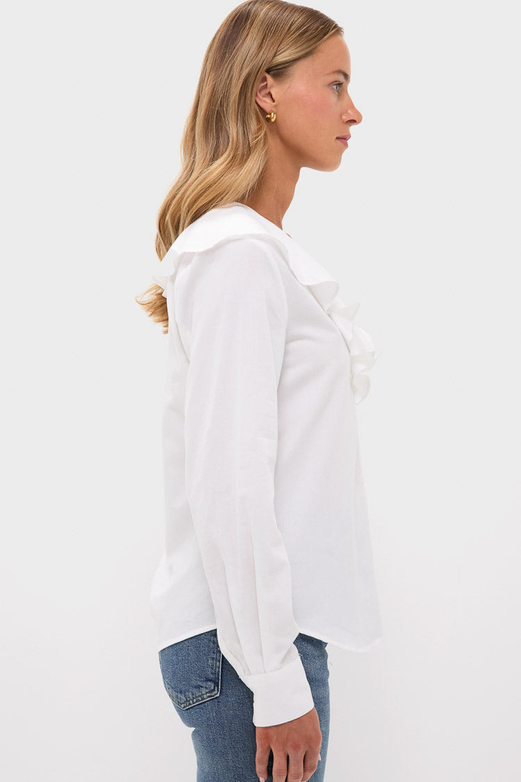 White Cotton Sateen Ruffle Eileen Button Down Shirt-Get Girly