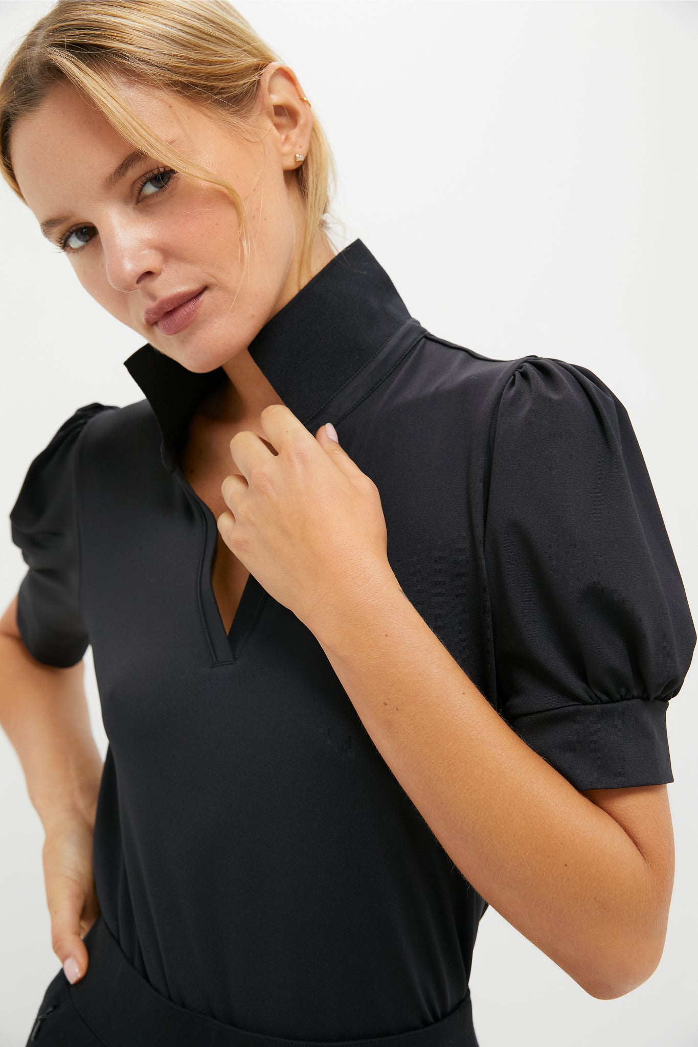 Black Puff Sleeve Performance Jersey Caroline Polo-Get Girly