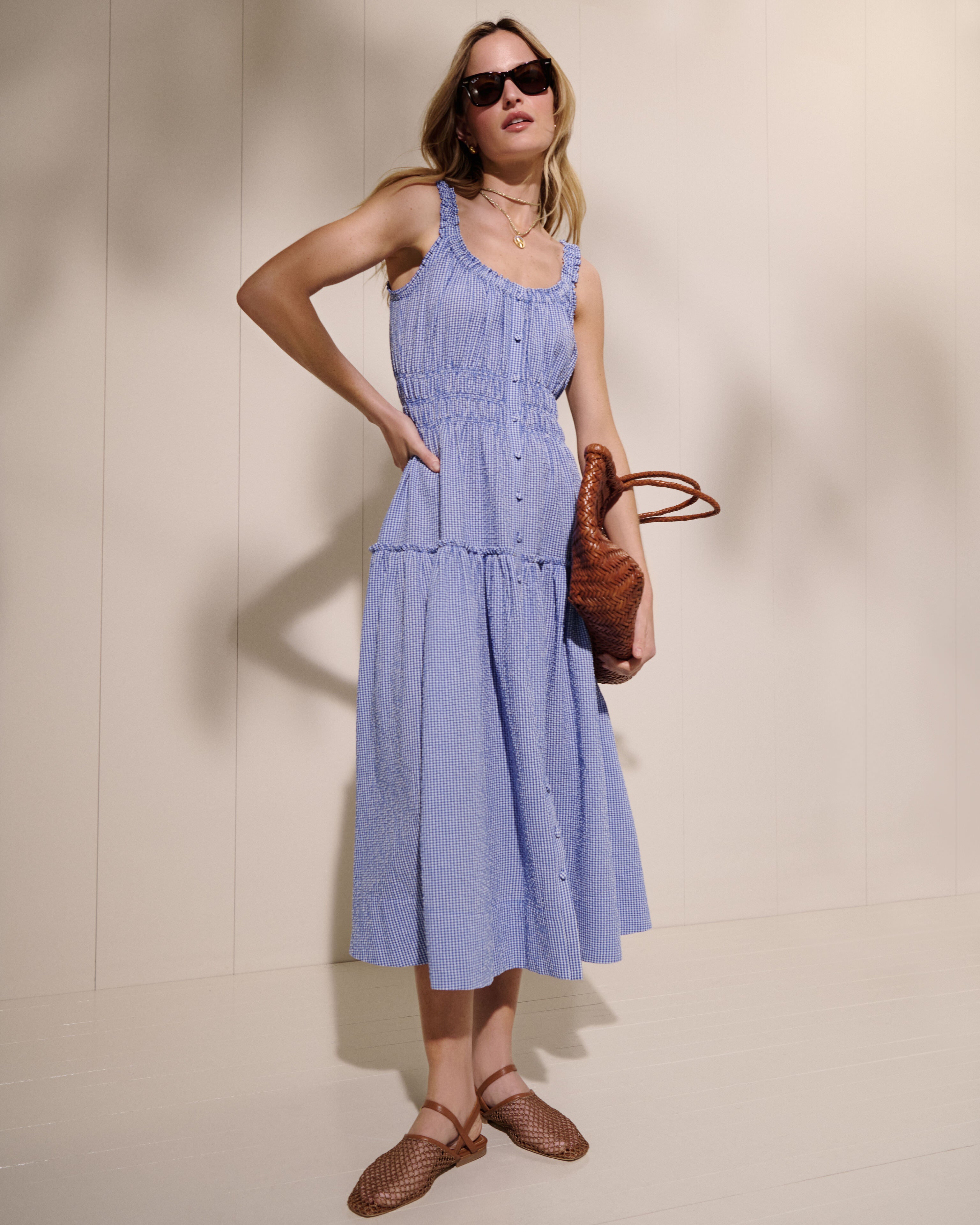 Blue and White Gingham Seersucker Landis Midi Dress-Get Girly