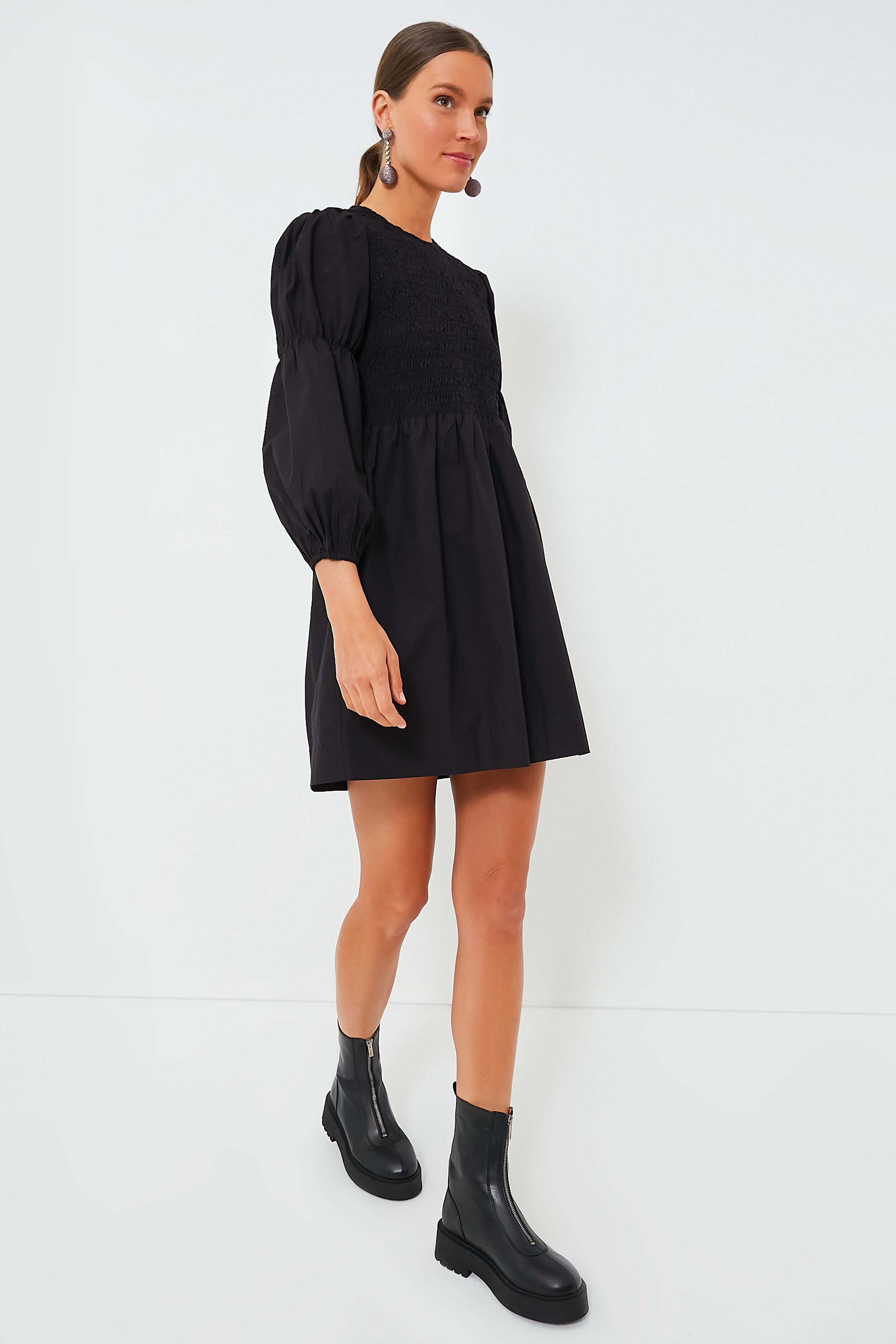 Black Cotton Poplin Mini Smock Dress-Get Girly