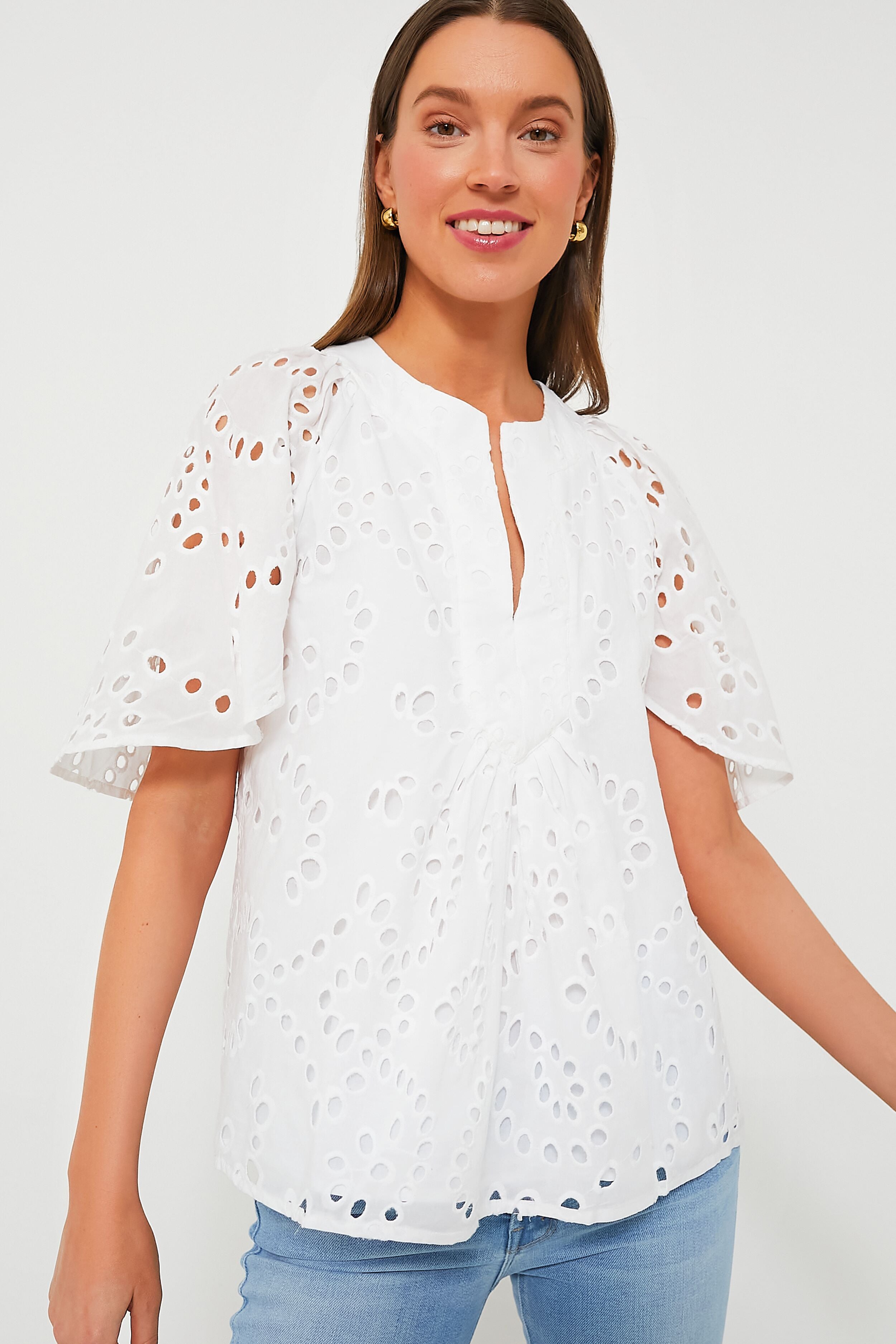 White Eyelet Finley Flutter Sleeve Top-Get Girly