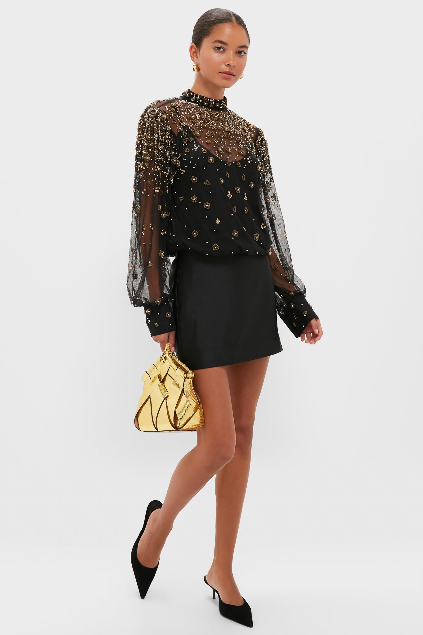 Black Embroidered Bubble Tulle Blouse-Get Girly