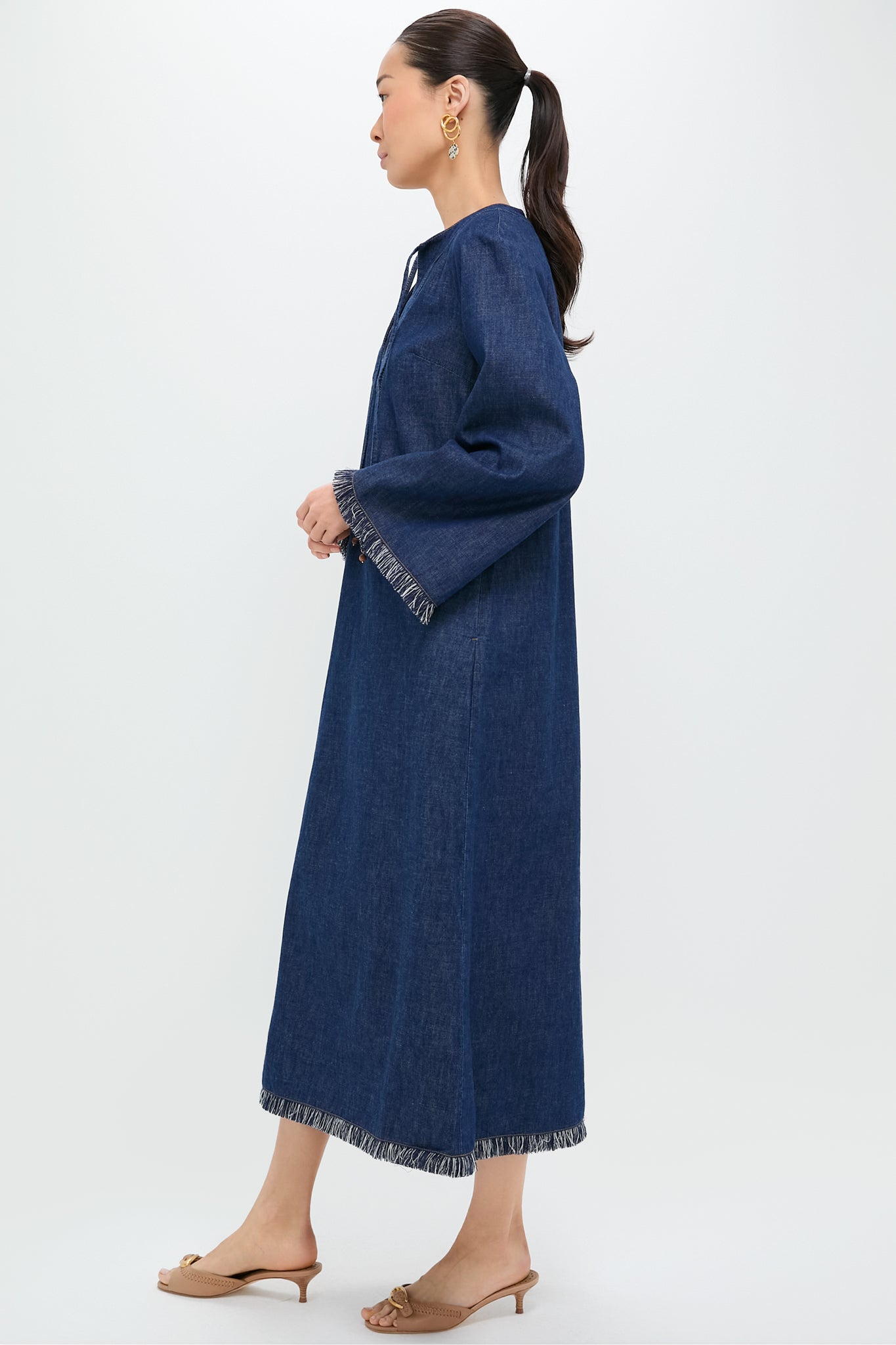 Atlantic Rhiannon Fringe Denim Midi Dress-Get Girly