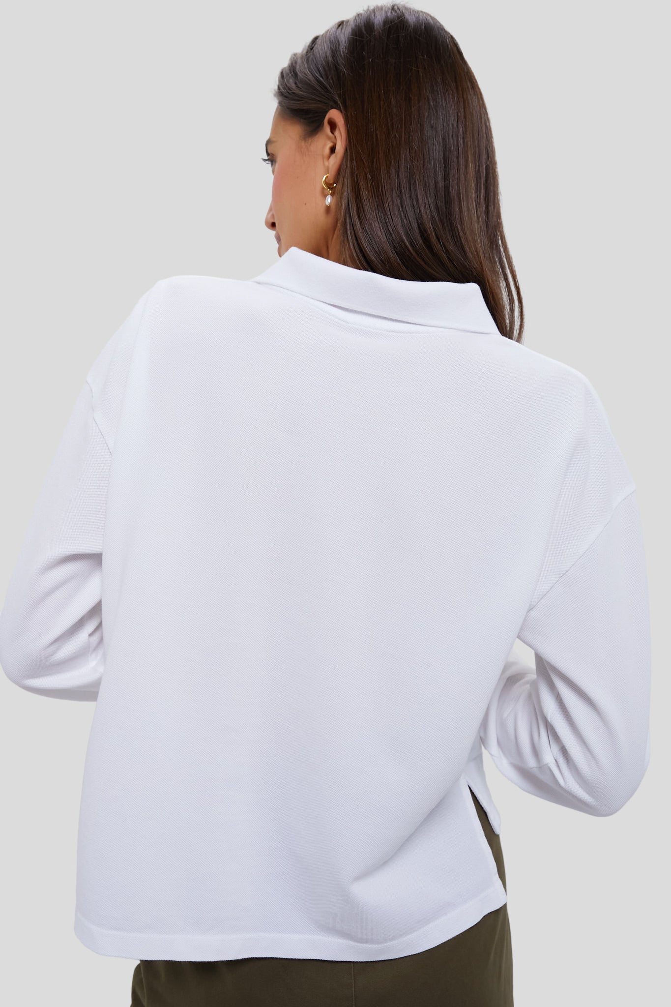 White Long Sleeve Pique Holmes Boyfriend Polo-Get Girly