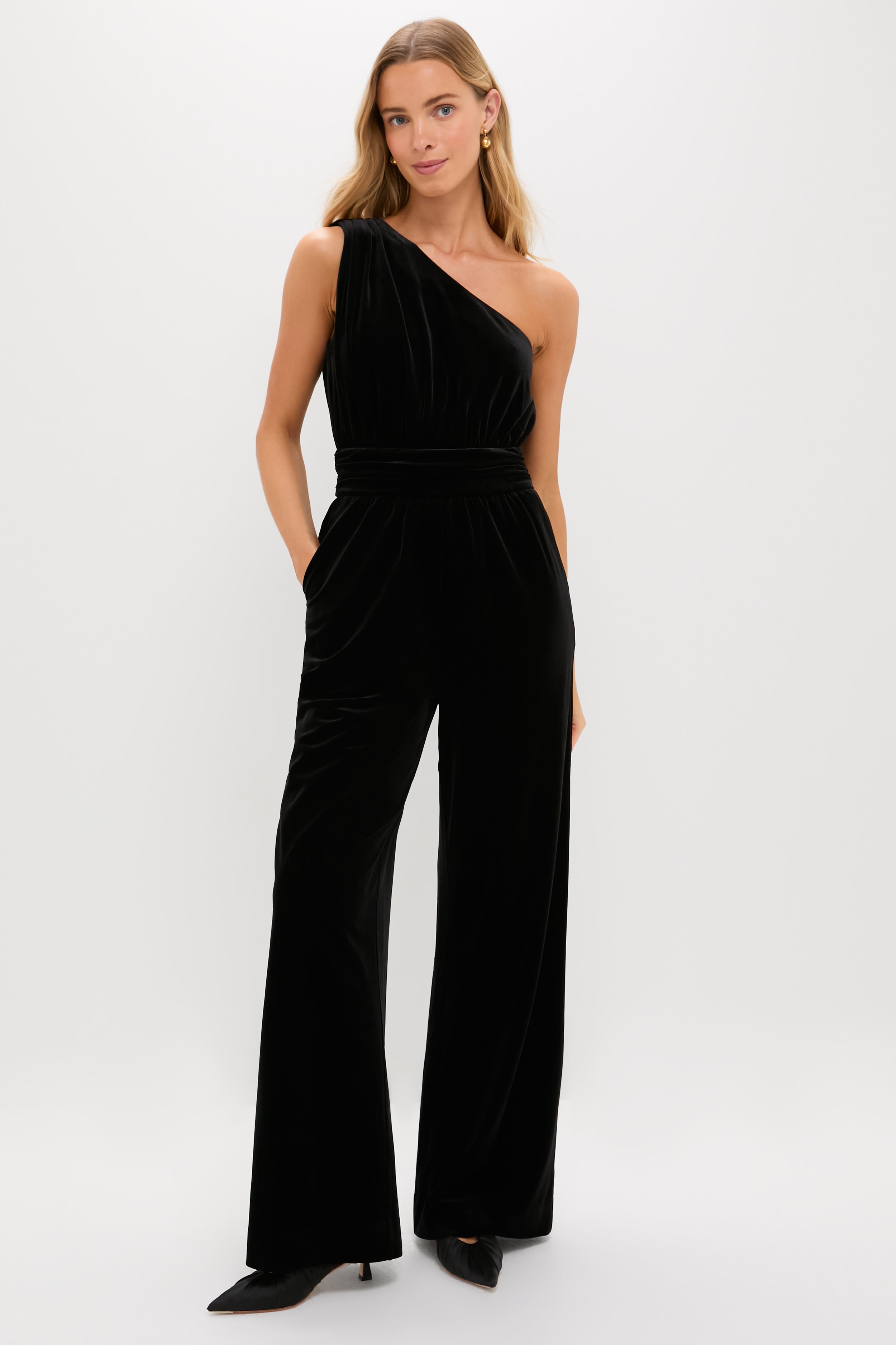 Black Velvet One Shoulder Araminta Jumpsuit-Get Girly