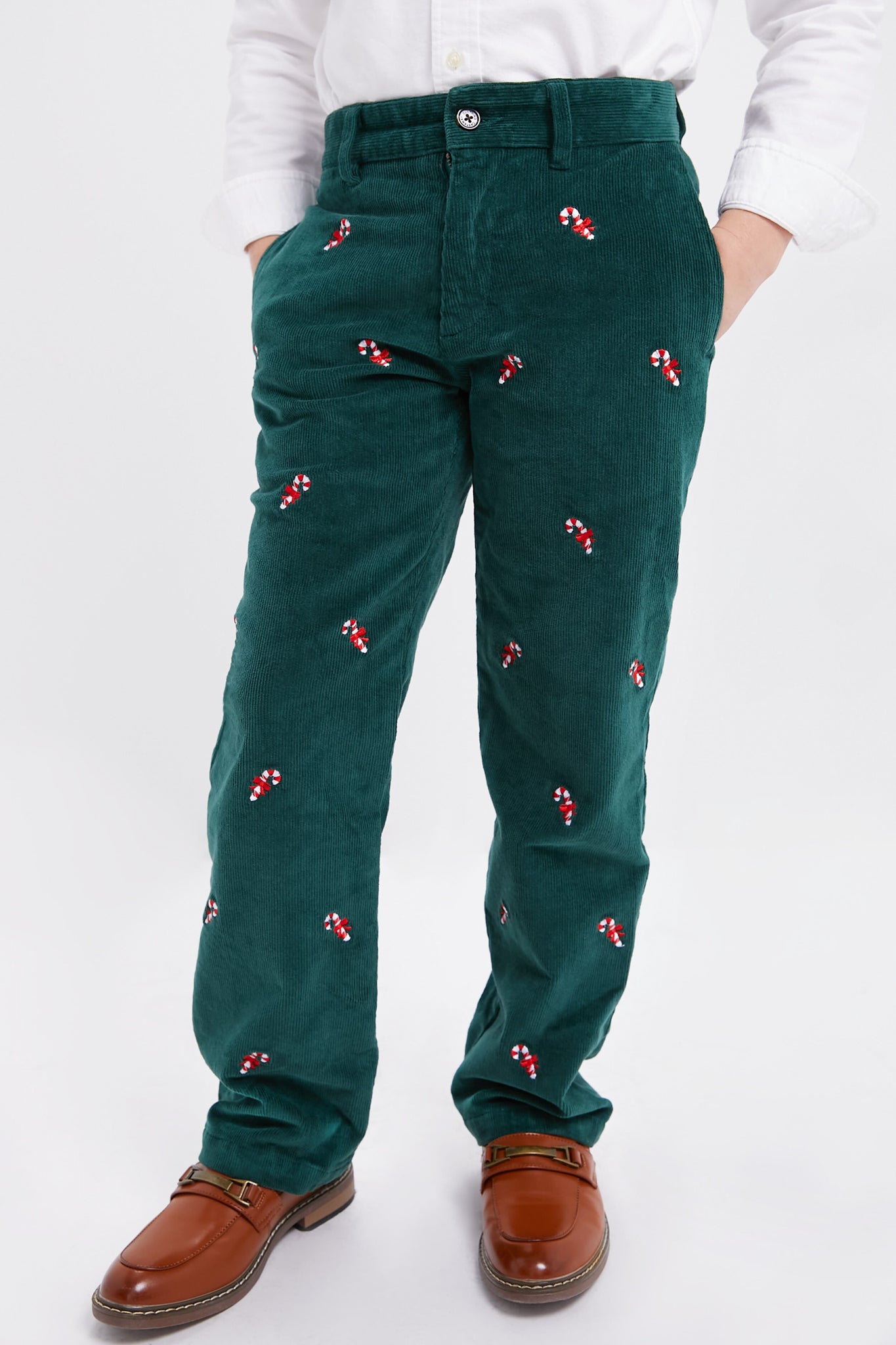 Hunter Green Candy Cane Embroidered Boys Corduroy Pants-Get Girly