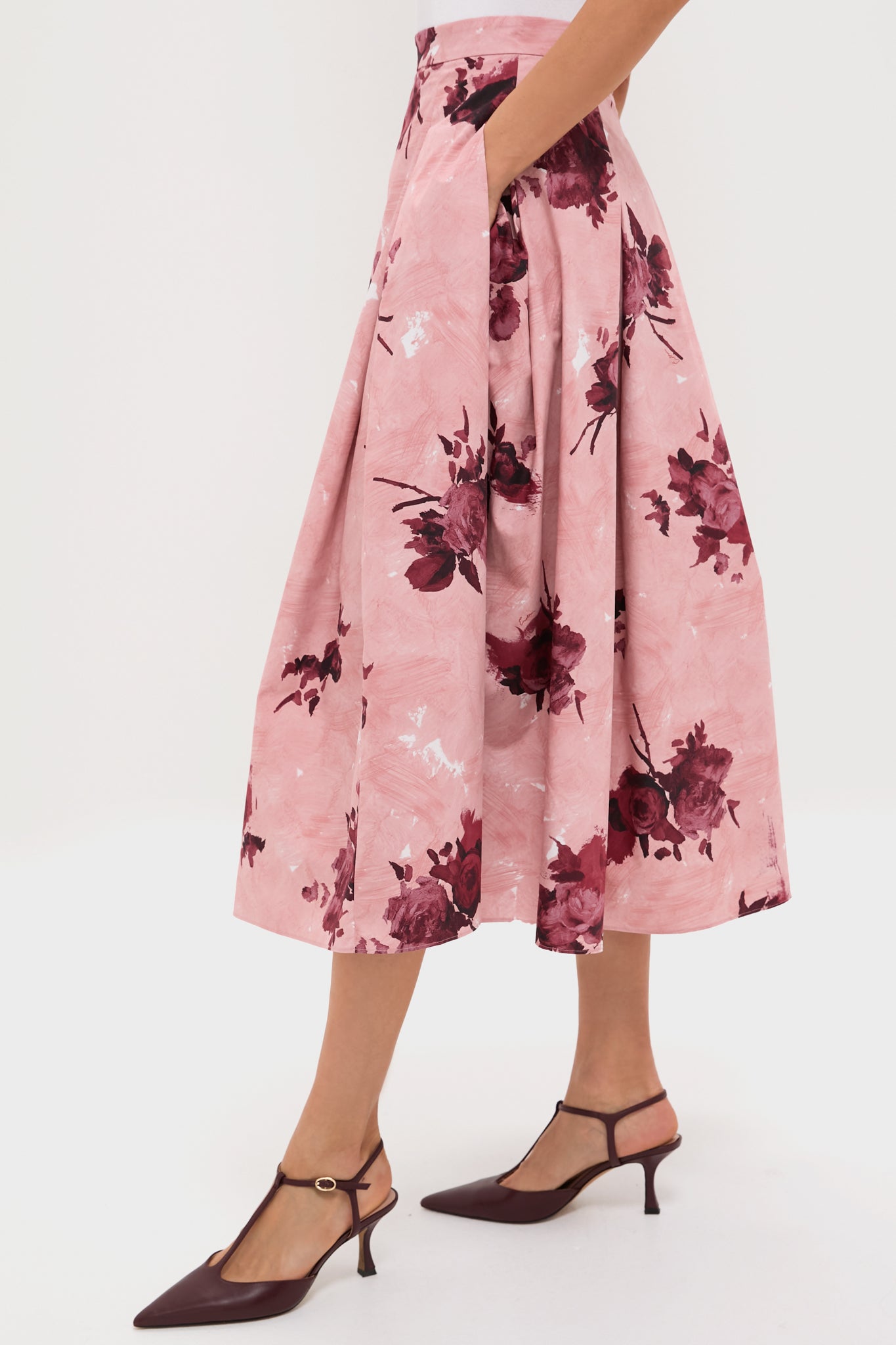 Abstract Rose Slipper Pink Pleated Midi Skirt-Get Girly