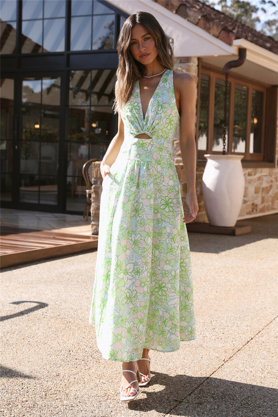 CMEO COLLECTIVE Far Away Midi Dress Green Apple Floral-Trogz