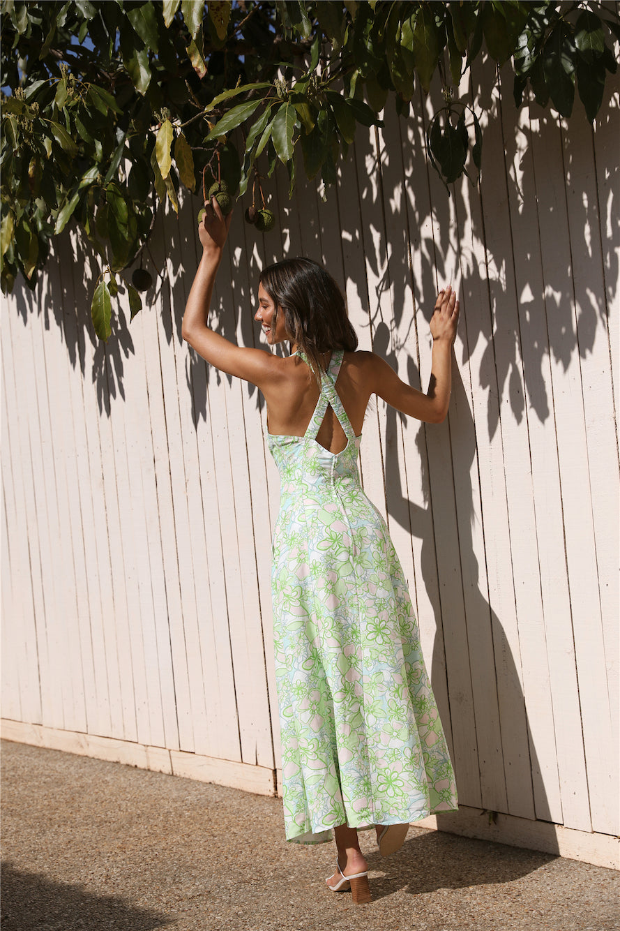 CMEO COLLECTIVE Far Away Midi Dress Green Apple Floral-Trogz