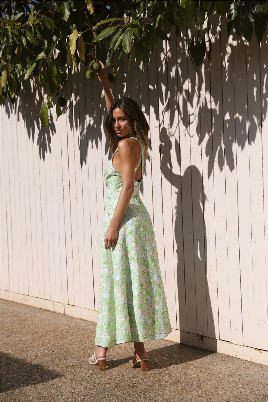 CMEO COLLECTIVE Far Away Midi Dress Green Apple Floral-Trogz