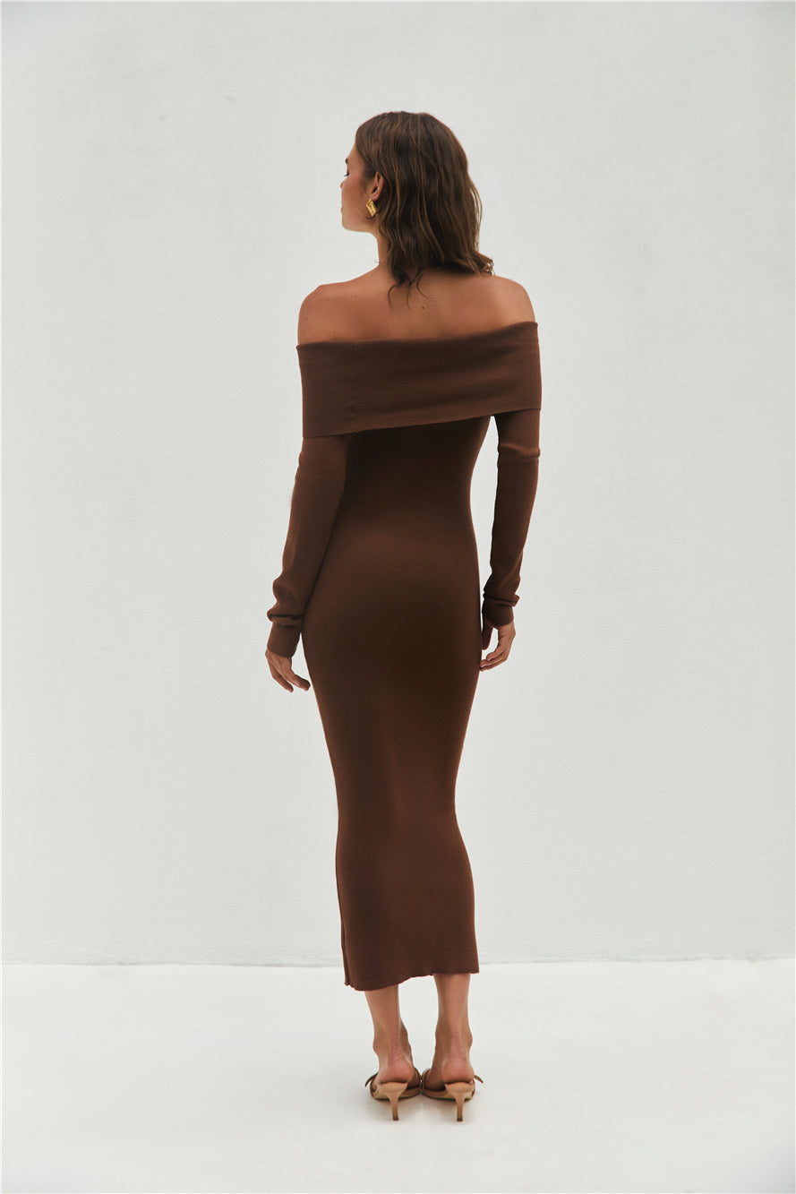 Angels Sing Off Shoulder Knit Maxi Dress Chocolate-Trogz