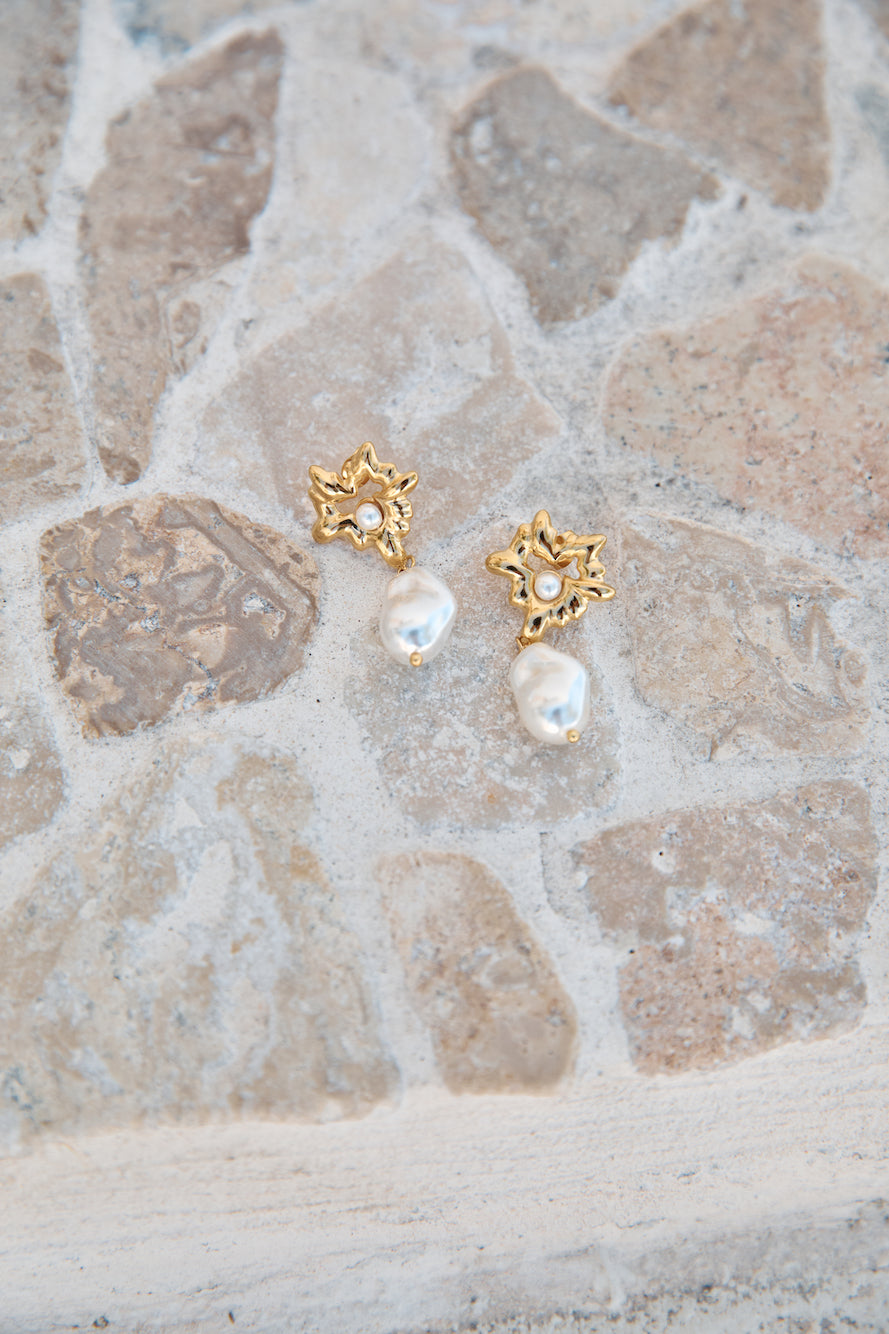 18K Gold Plated Pearl Gems Earrings Gold-Trogz
