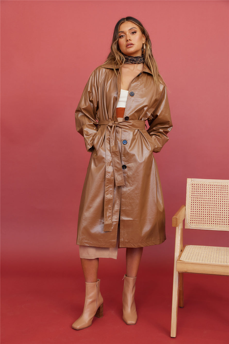Radio Waves Faux Leather Trench Coat Brown-Trogz