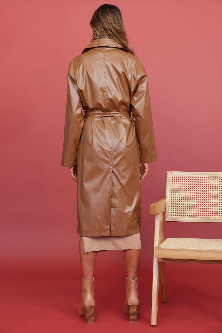 Radio Waves Faux Leather Trench Coat Brown-Trogz
