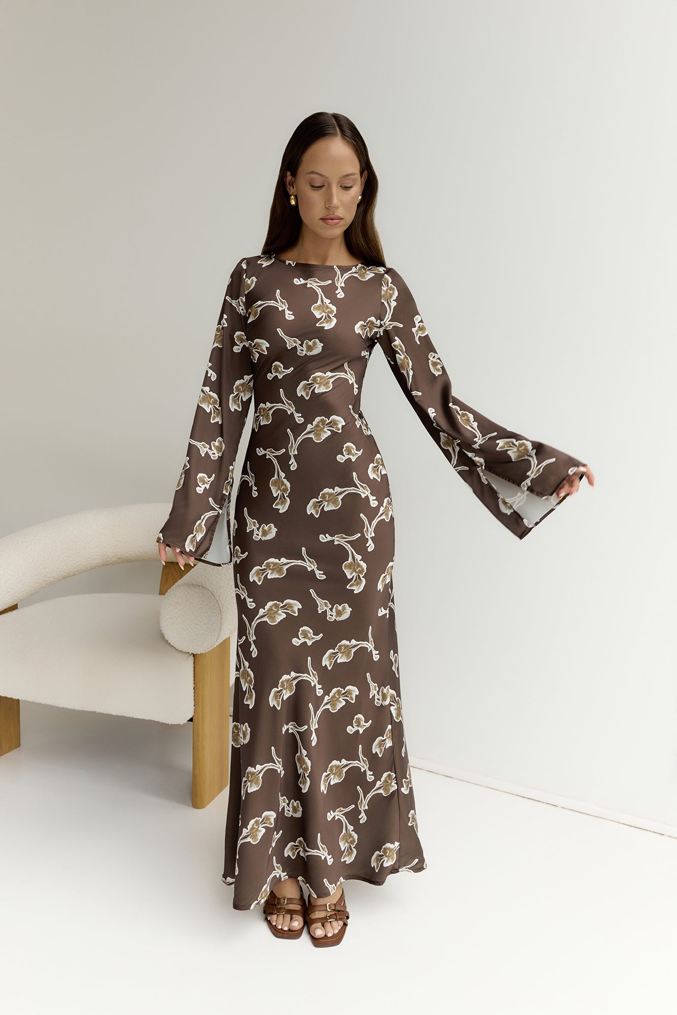 Angeline Long Sleeved Maxi Dress Brown-Trogz