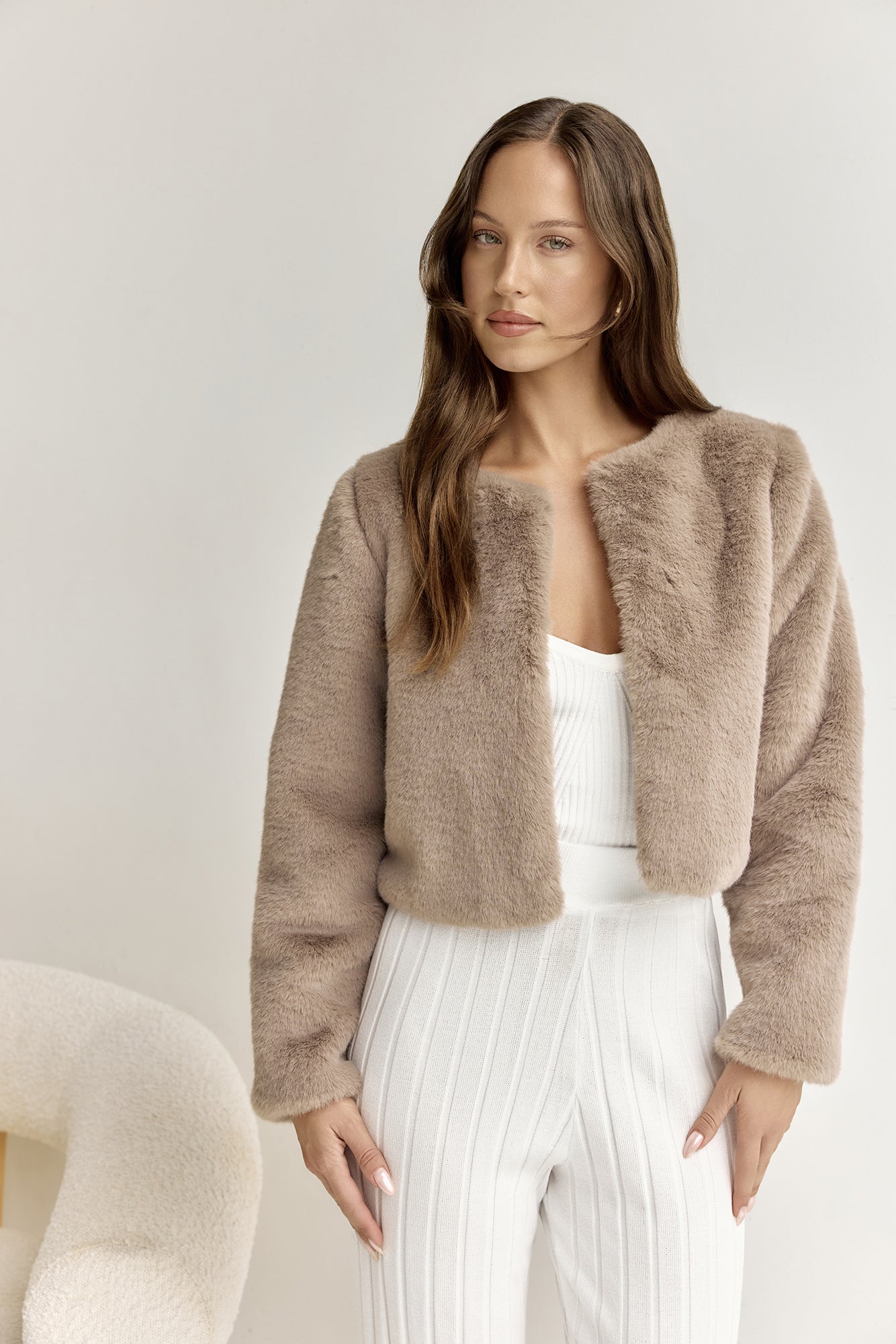 Day By Day Faux Fur Cropped Jacket Brown-Trogz