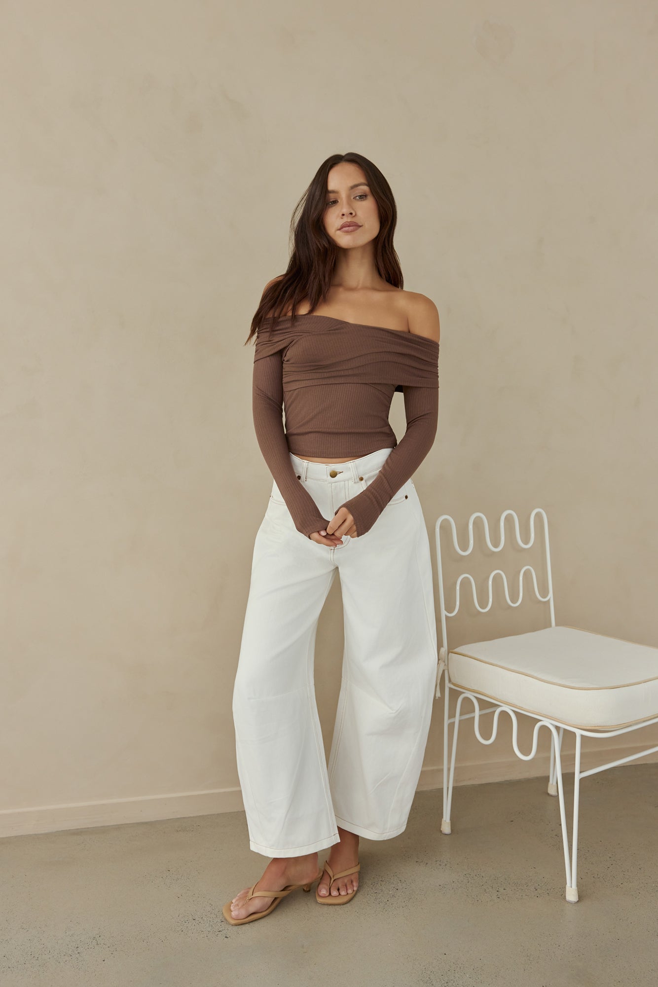 Autumn Dreamer Long Sleeve Off Shoulder Top Brown-Trogz