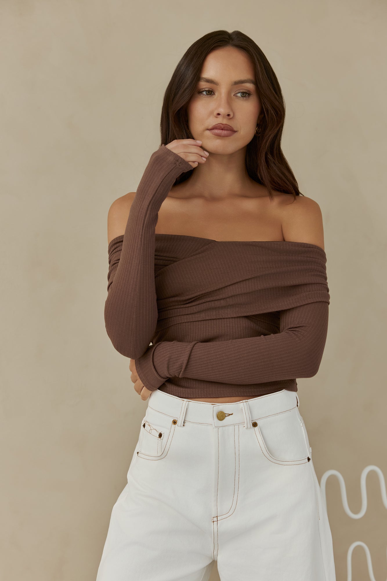 Autumn Dreamer Long Sleeve Off Shoulder Top Brown-Trogz