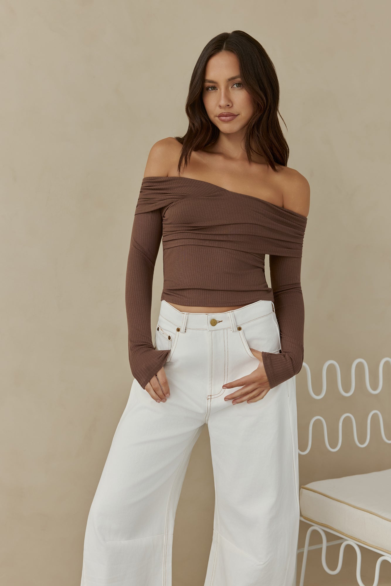 Autumn Dreamer Long Sleeve Off Shoulder Top Brown-Trogz