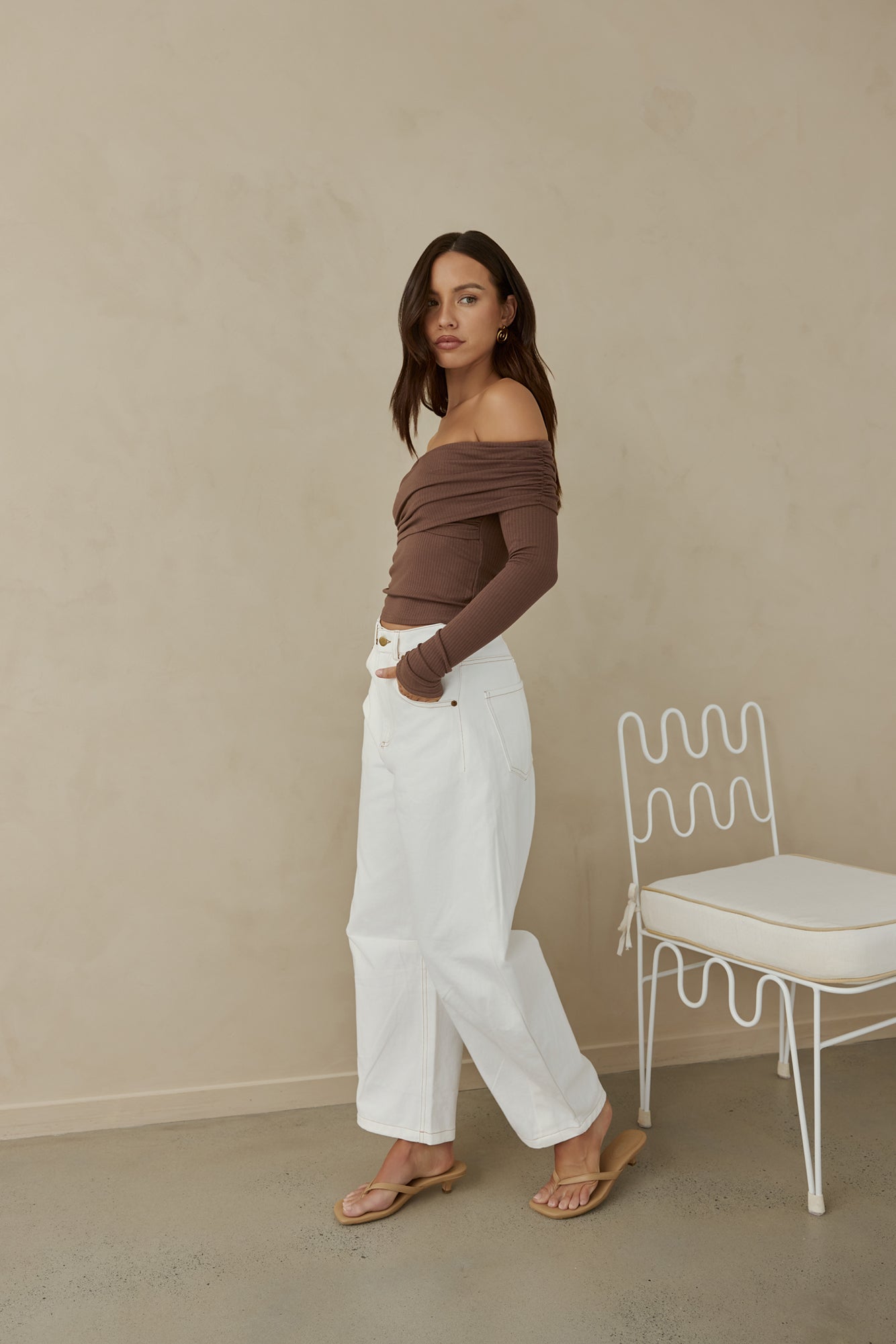 Autumn Dreamer Long Sleeve Off Shoulder Top Brown-Trogz