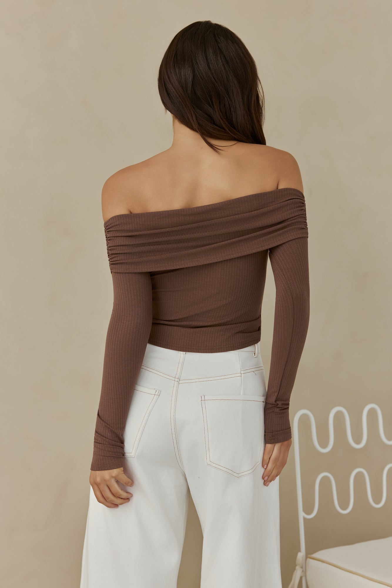 Autumn Dreamer Long Sleeve Off Shoulder Top Brown-Trogz
