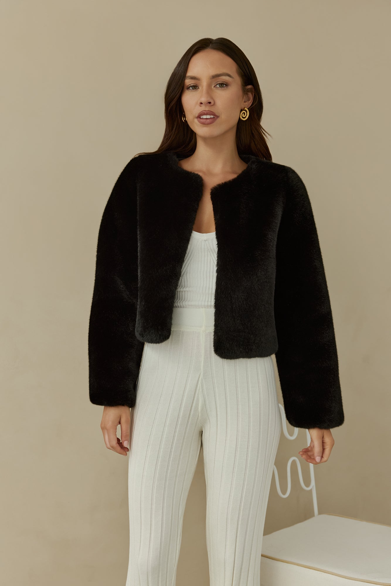 Day By Day Faux Fur Cropped Jacket Black-Trogz